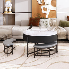 Modern Round Lift-Top Coffee Table with Storage & 3 Ottoman White & Black