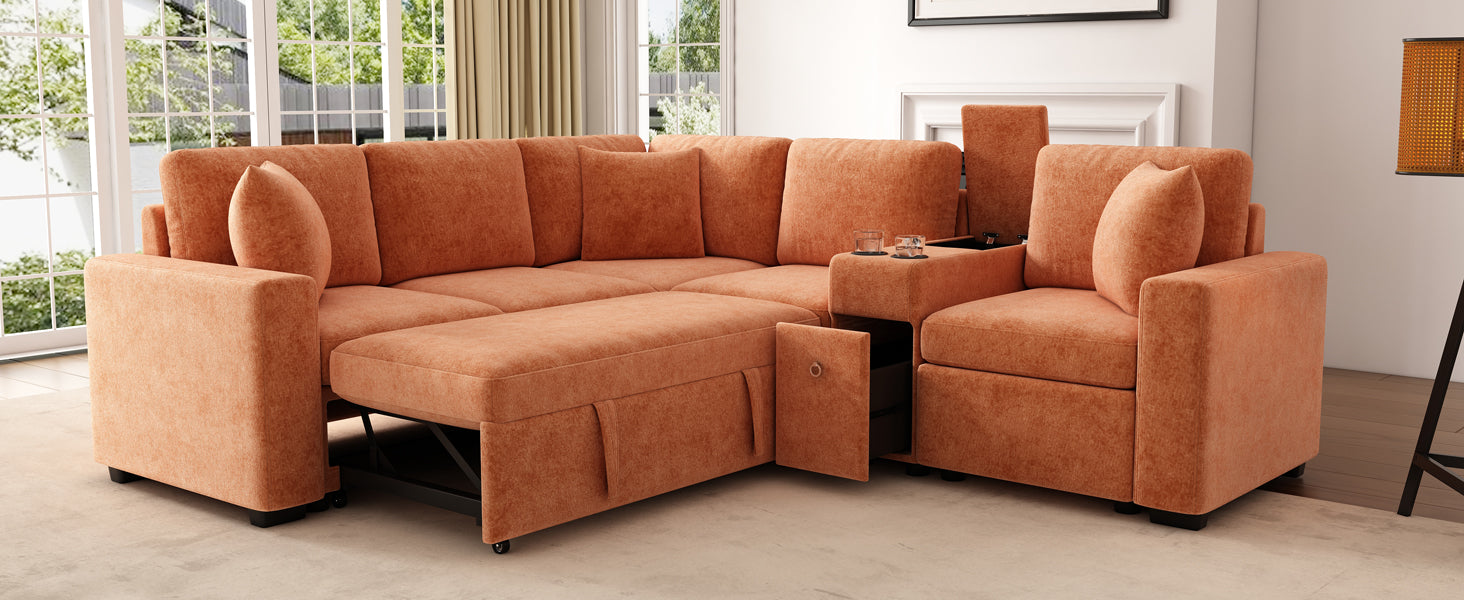 120.5" L-shaped Convertible Sofa Bed Modular Sectional Sofa Reversible Sleeper with Pull-Out Bed, Cup Holders, and Ample Storage Space for Living Room, Orange
