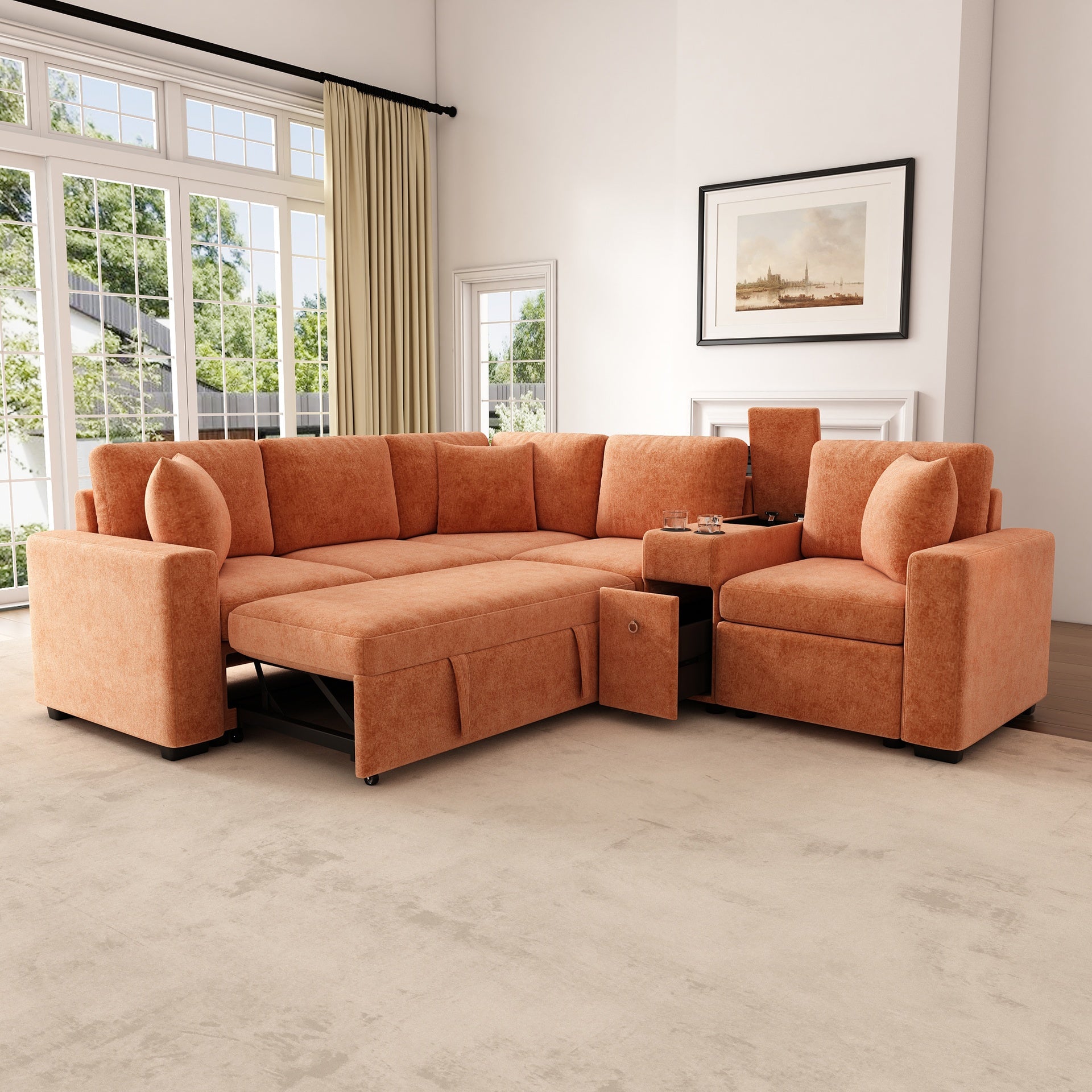 120.5" L-shaped Convertible Sofa Bed Modular Sectional Sofa Reversible Sleeper with Pull-Out Bed, Cup Holders, and Ample Storage Space for Living Room, Orange