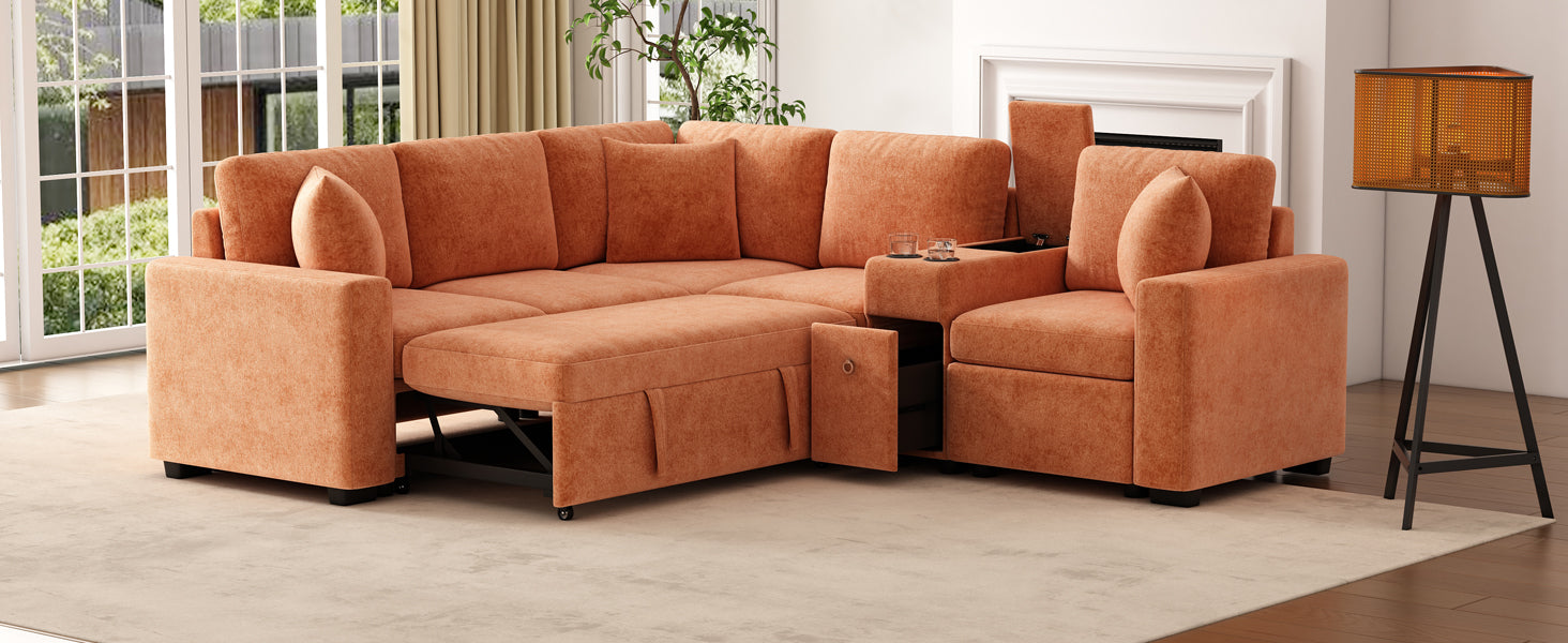 120.5" L-shaped Convertible Sofa Bed Modular Sectional Sofa Reversible Sleeper with Pull-Out Bed, Cup Holders, and Ample Storage Space for Living Room, Orange