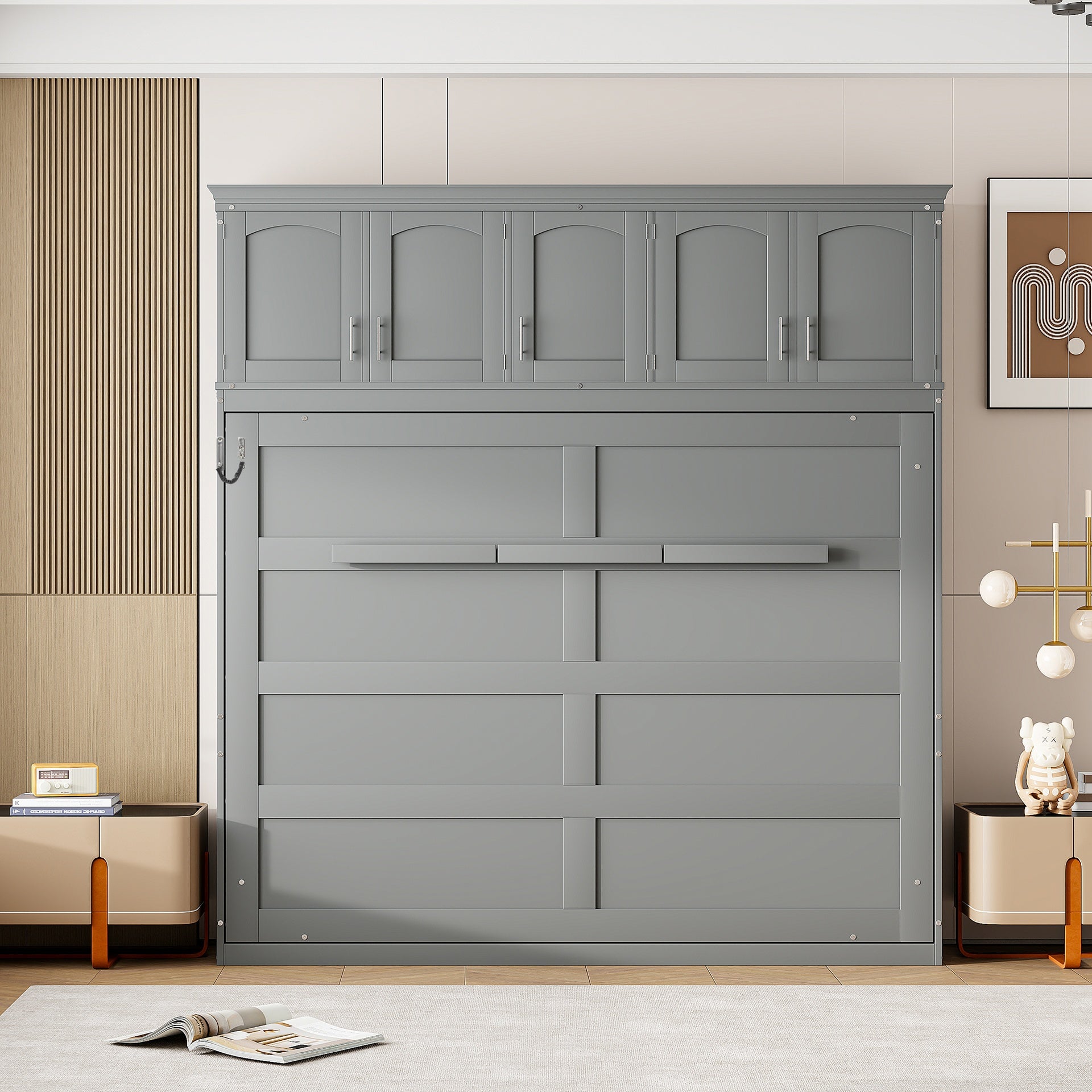 Full Size Murphy Bed Wall Bed with Top Cabinets,Gray