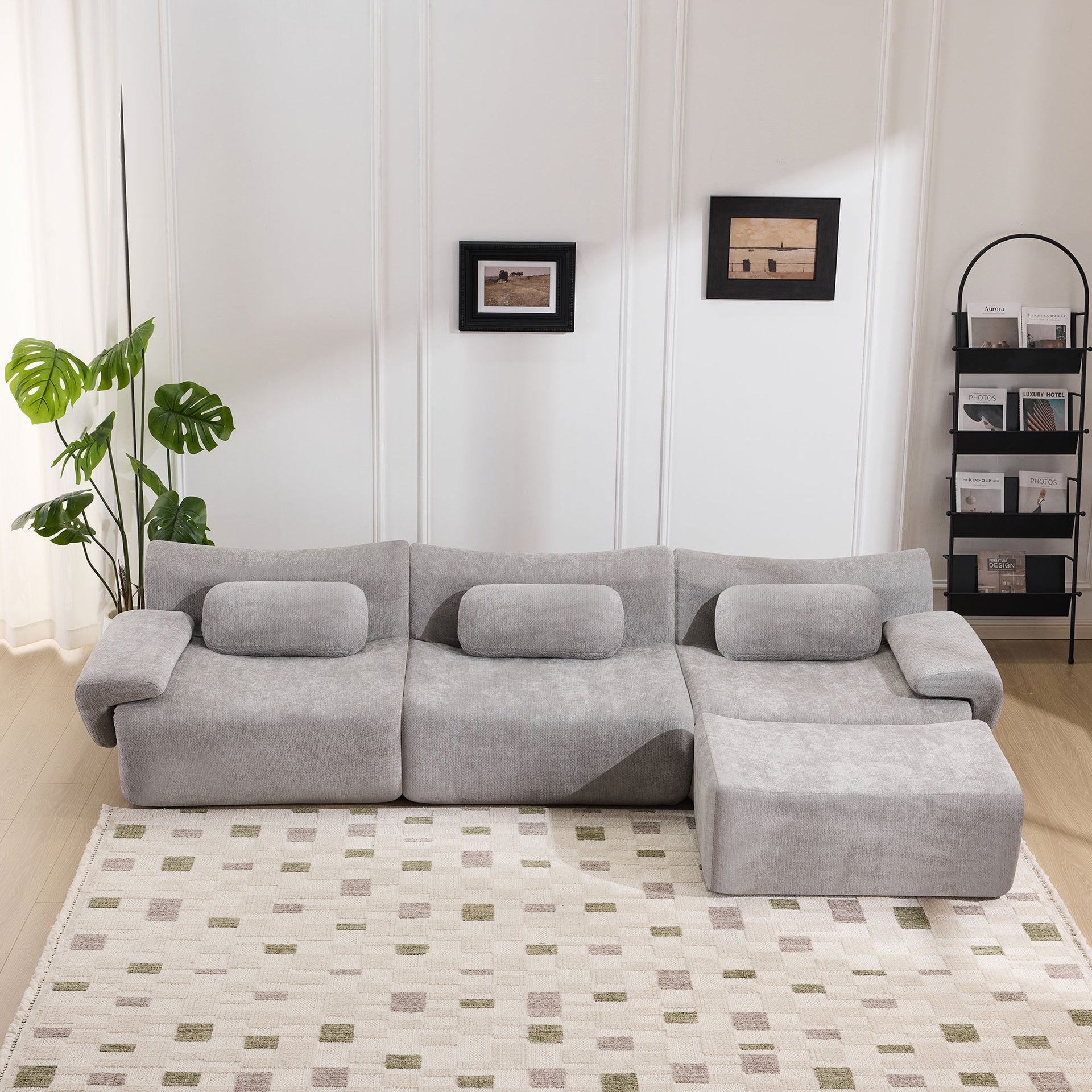 Modular Combination, Bamboo Joint Shape, Armchair, Extra-Large Compression & 3+1 Seater Chenille Deep-Seat (with 3 Pillows) All Fit Living Room/Bedroom