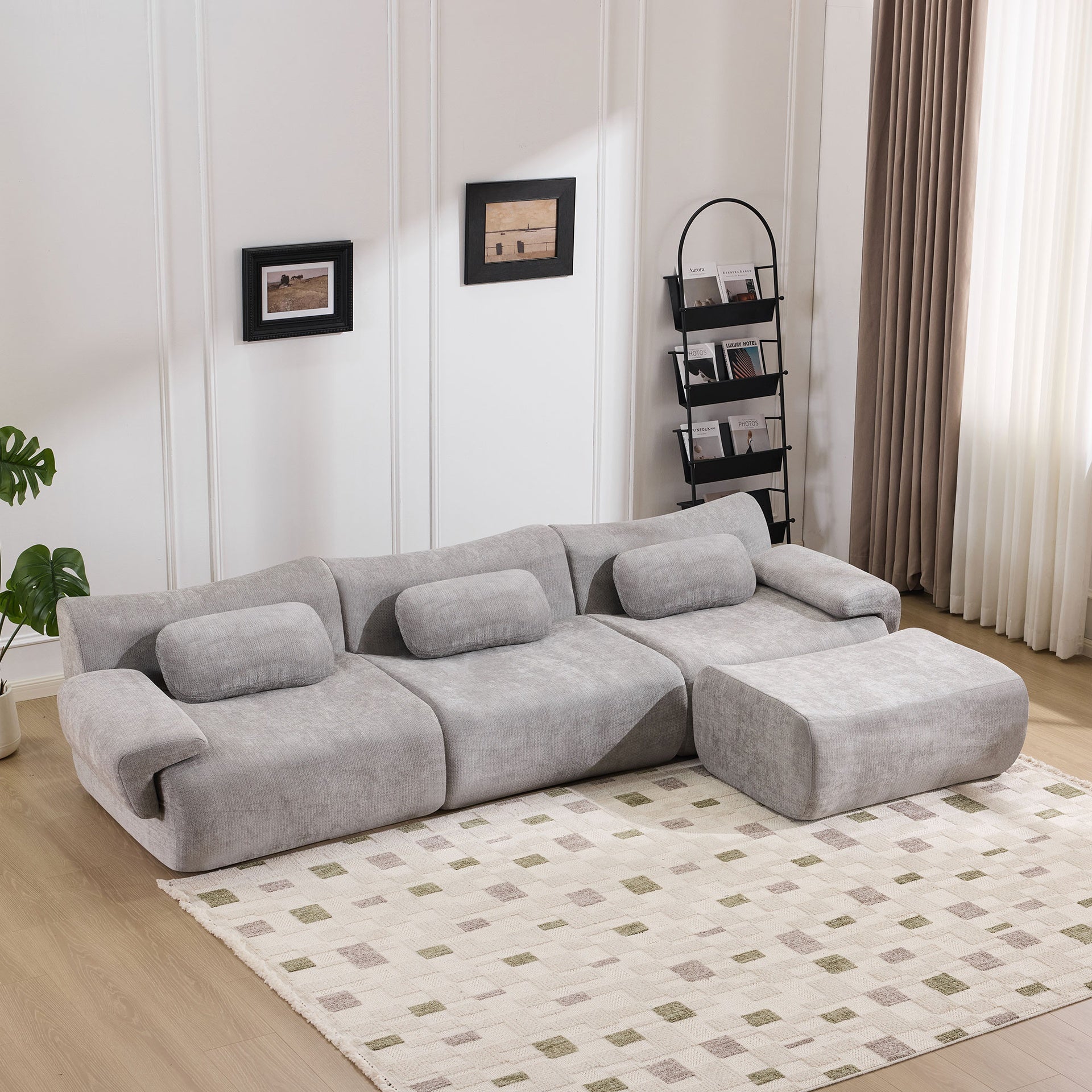 Modular Combination, Bamboo Joint Shape, Armchair, Extra-Large Compression & 3+1 Seater Chenille Deep-Seat (with 3 Pillows) All Fit Living Room/Bedroom