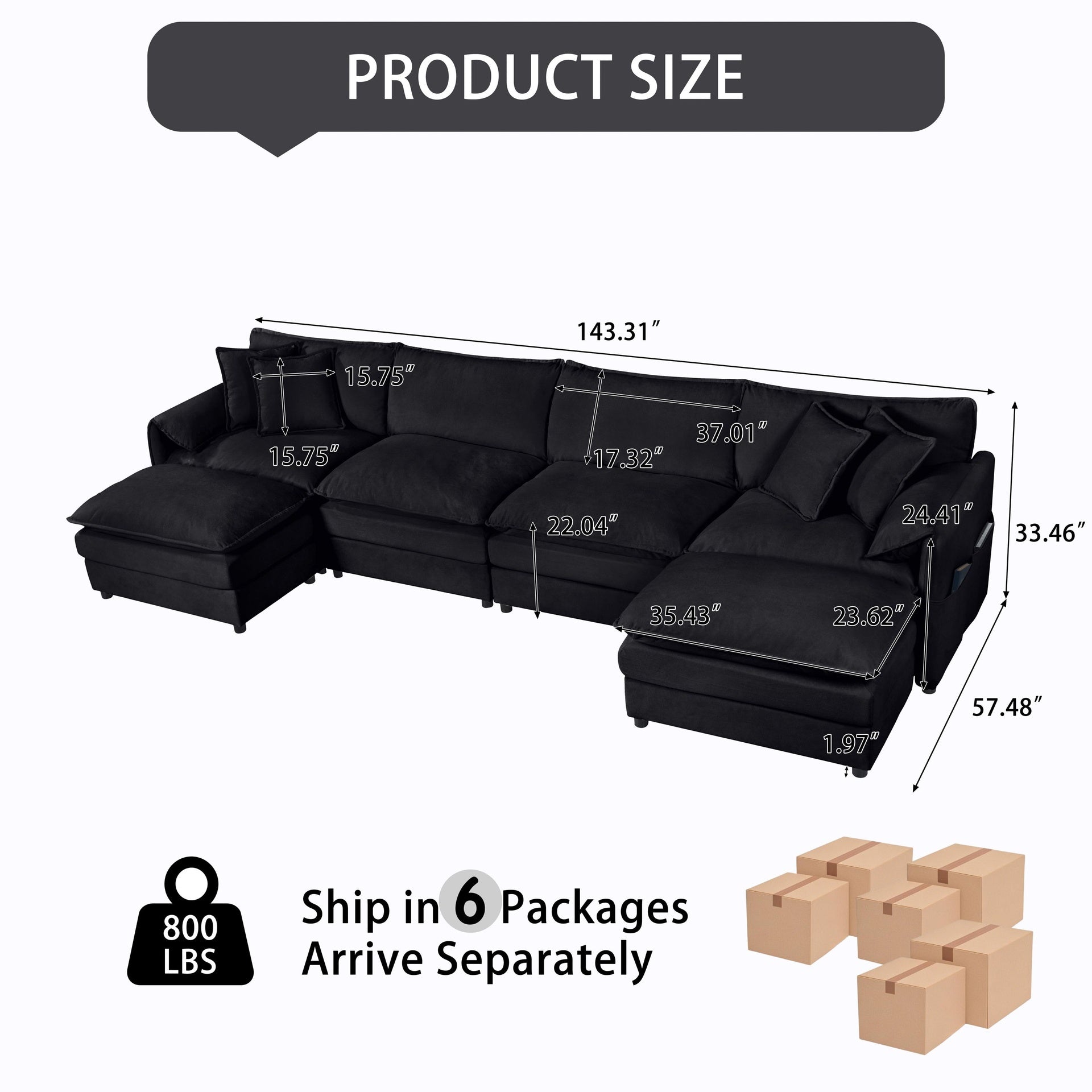 Modular Sectional Sofa, Oversized Deep Seat U Shaped Couch Set for Living Room, 4-Seater Comfy Cloud Couches with 2 Movable Ottomans, DIY Combination, Chenille,Black