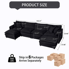 Modular Sectional Sofa, Oversized Deep Seat U Shaped Couch Set for Living Room, 4-Seater Comfy Cloud Couches with 2 Movable Ottomans, DIY Combination, Chenille,Black