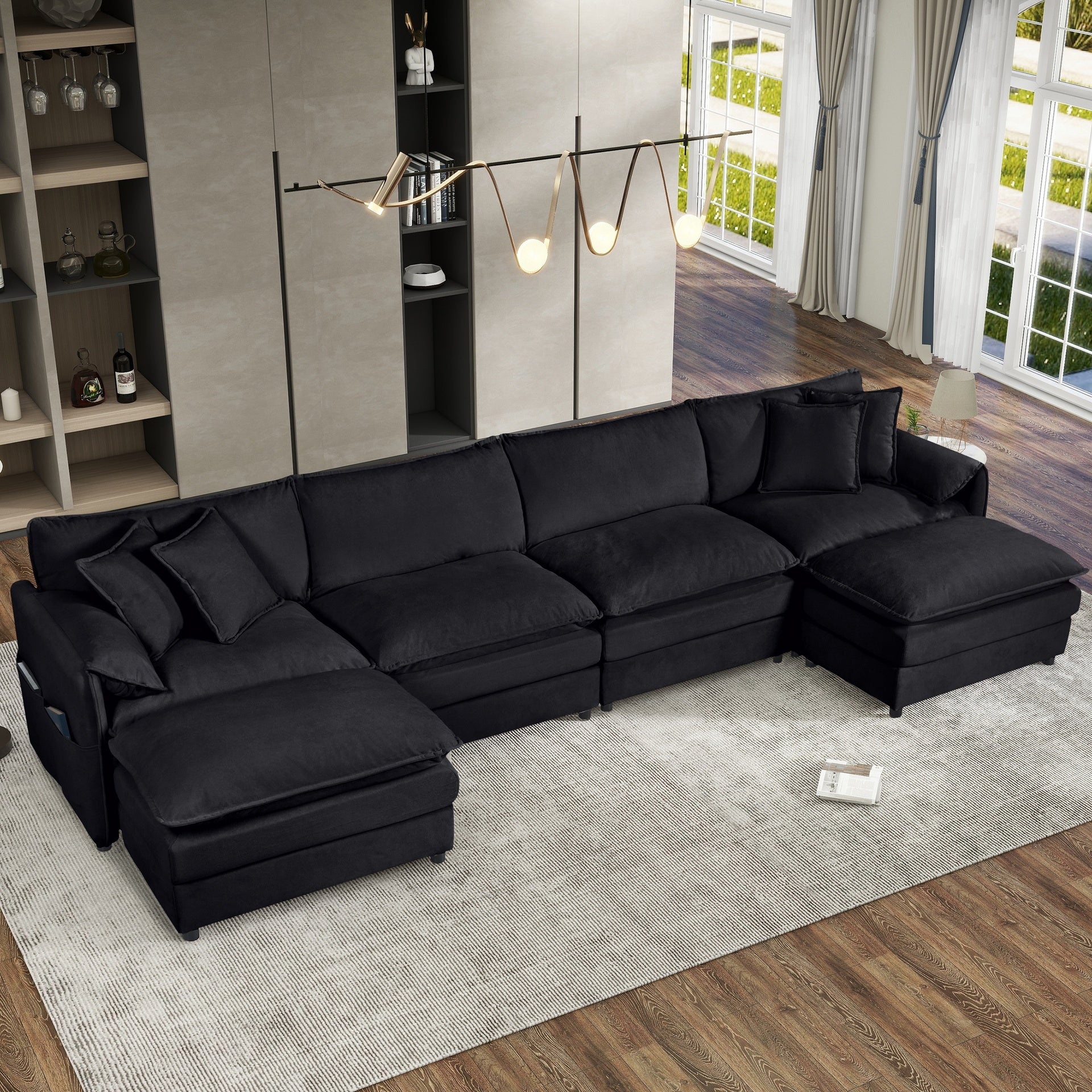 Modular Sectional Sofa, Oversized Deep Seat U Shaped Couch Set for Living Room, 4-Seater Comfy Cloud Couches with 2 Movable Ottomans, DIY Combination, Chenille,Black