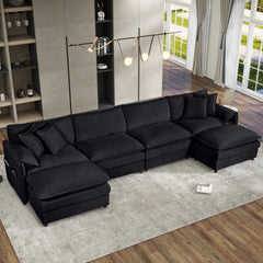 Modular Sectional Sofa, Oversized Deep Seat U Shaped Couch Set for Living Room, 4-Seater Comfy Cloud Couches with 2 Movable Ottomans, DIY Combination, Chenille,Black