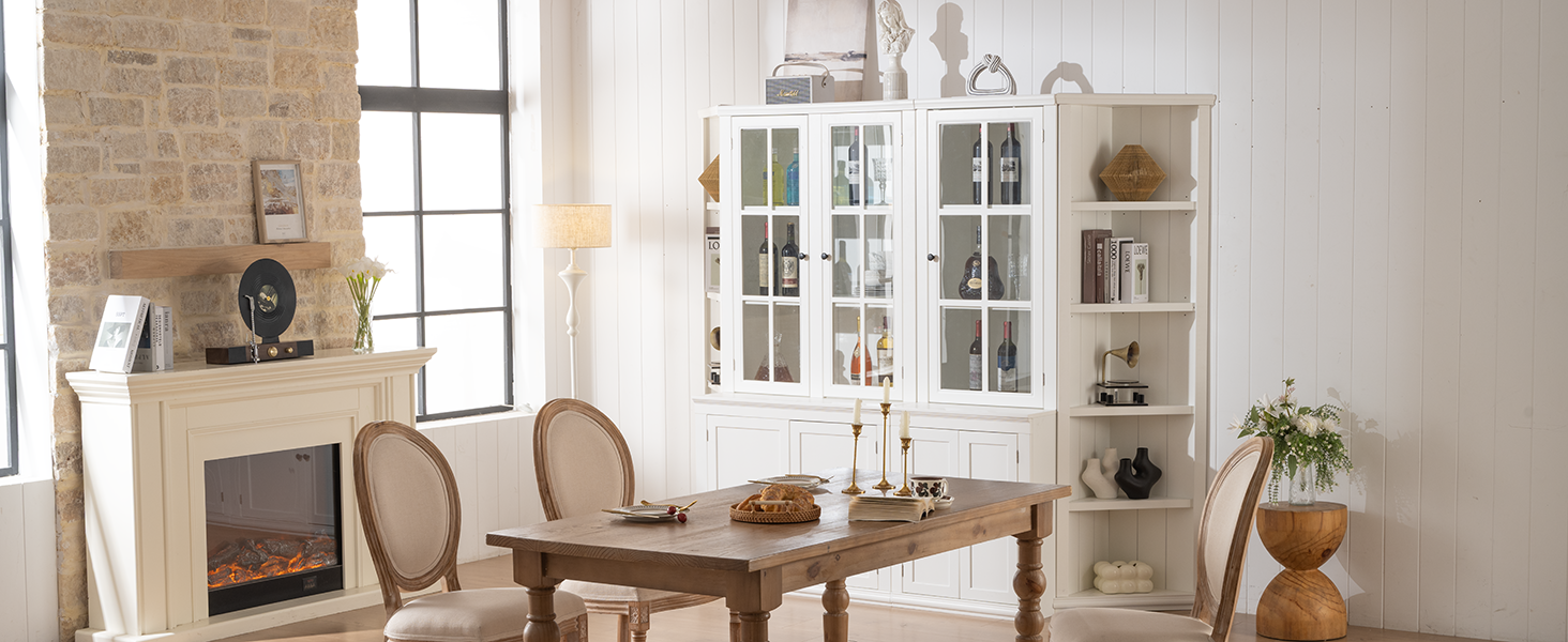 75.25'' Tall Display Cabinets and Two Triangle Sided Bookshelves, 92.9'' Wide Retro Style Wall Suit with Glass Doors, for Hallways, Living room, Office, Studio or Workspace - White