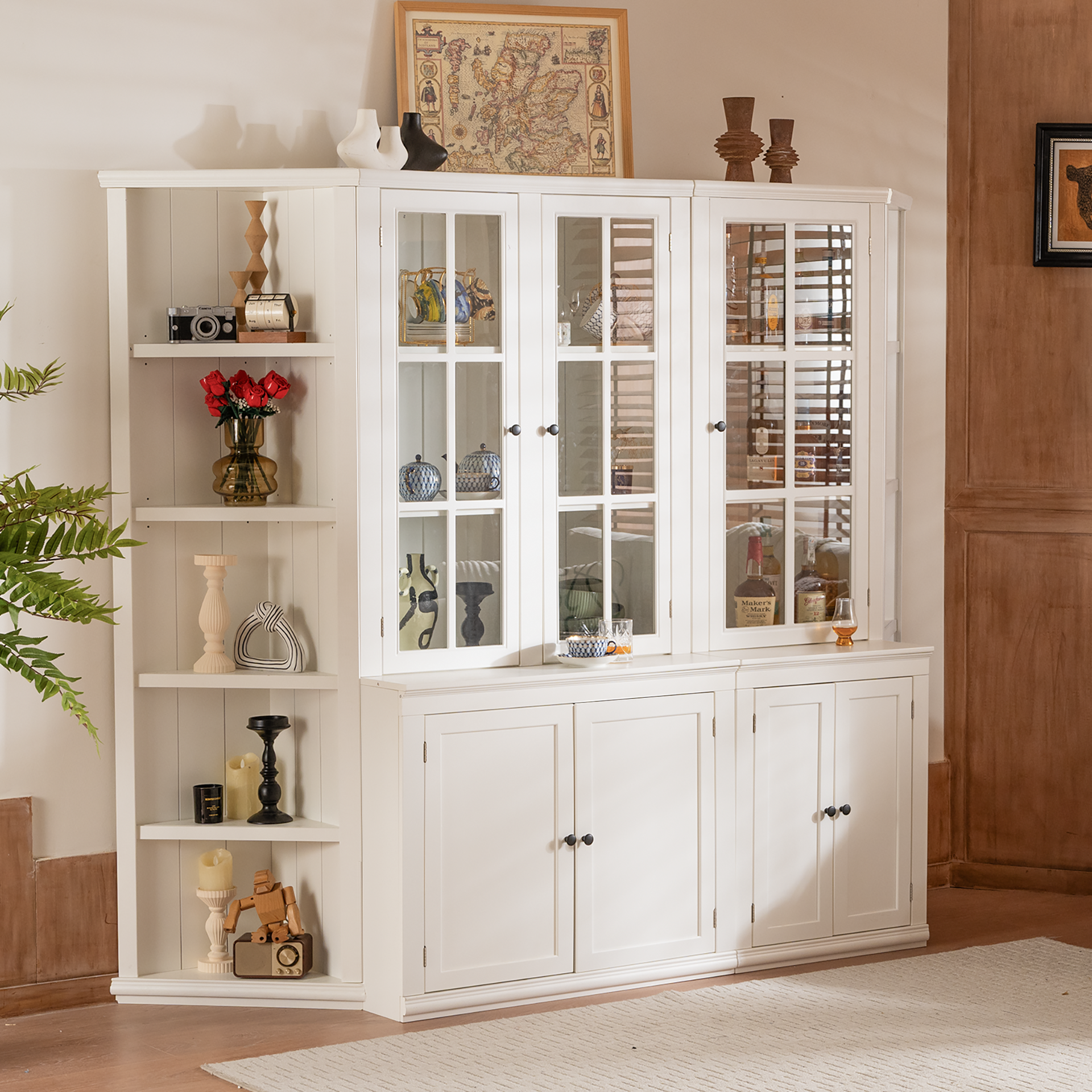 75.25'' Tall Display Cabinets and Two Triangle Sided Bookshelves, 92.9'' Wide Retro Style Wall Suit with Glass Doors, for Hallways, Living room, Office, Studio or Workspace - White