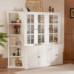 75.25'' Tall Display Cabinets and Two Triangle Sided Bookshelves, 92.9'' Wide Retro Style Wall Suit with Glass Doors, for Hallways, Living room, Office, Studio or Workspace - White