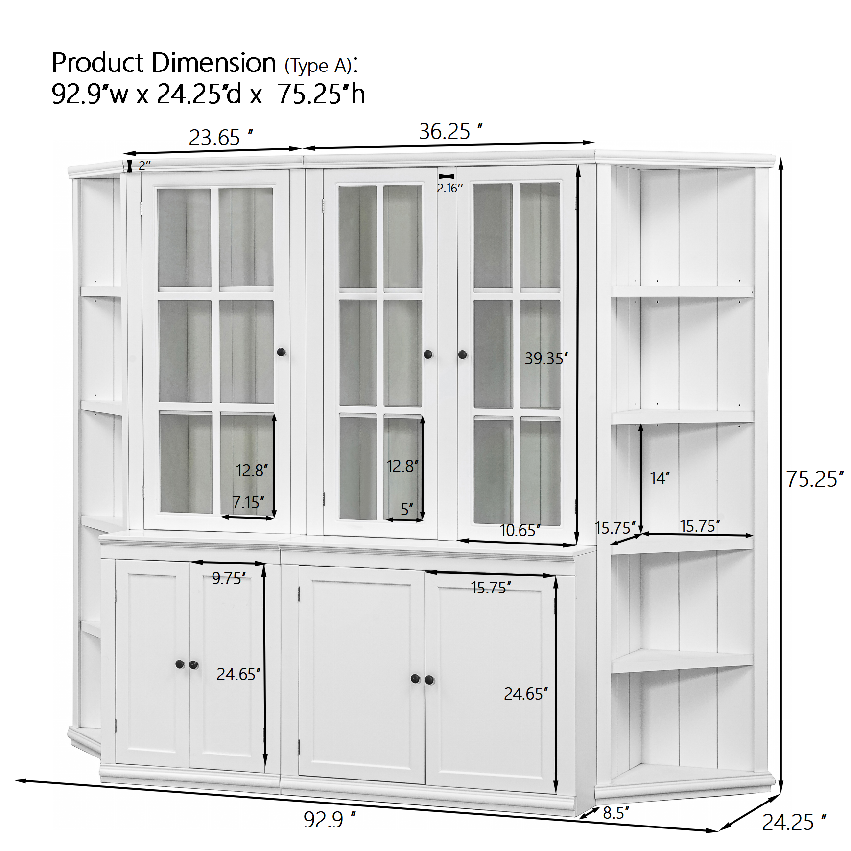 75.25'' Tall Display Cabinets and Two Triangle Sided Bookshelves, 92.9'' Wide Retro Style Wall Suit with Glass Doors, for Hallways, Living room, Office, Studio or Workspace - White