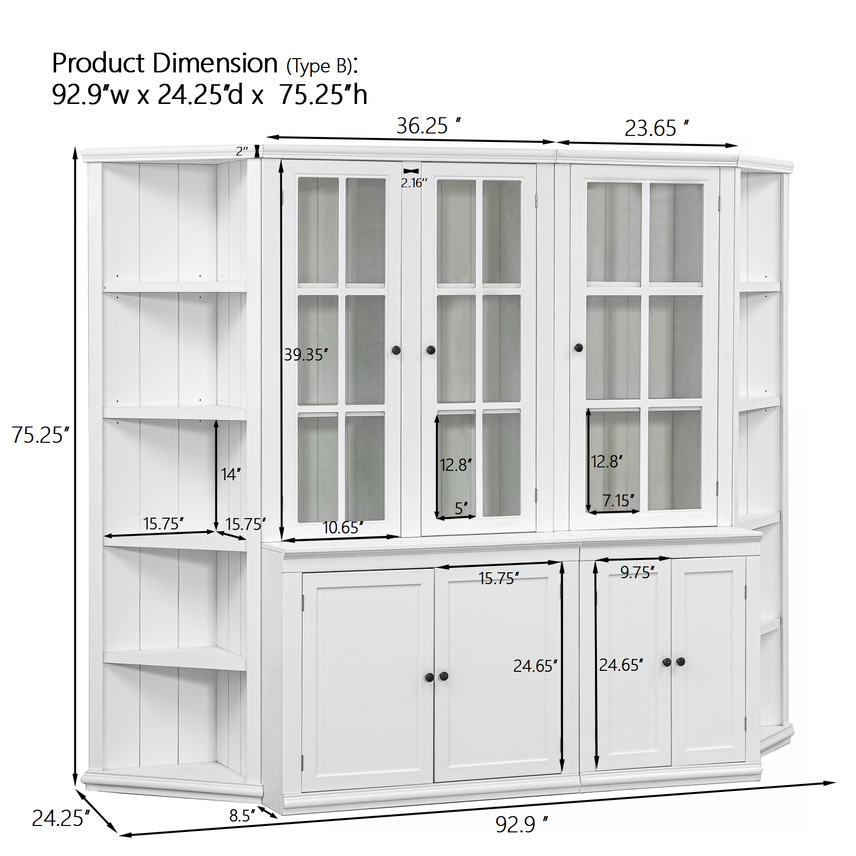 75.25'' Tall Display Cabinets and Two Triangle Sided Bookshelves, 92.9'' Wide Retro Style Wall Suit with Glass Doors, for Hallways, Living room, Office, Studio or Workspace - White