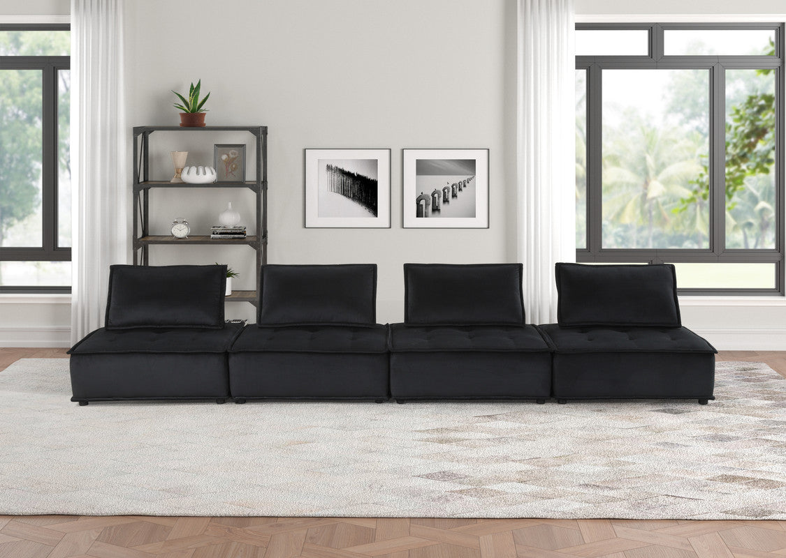 Aveline 160"W Black Velvet 4-Seater Modular Sofa