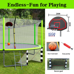 16FT Trampoline with Basketball Hoop pump and Ladder(Inner Safety Enclosure) with soccer goal Green