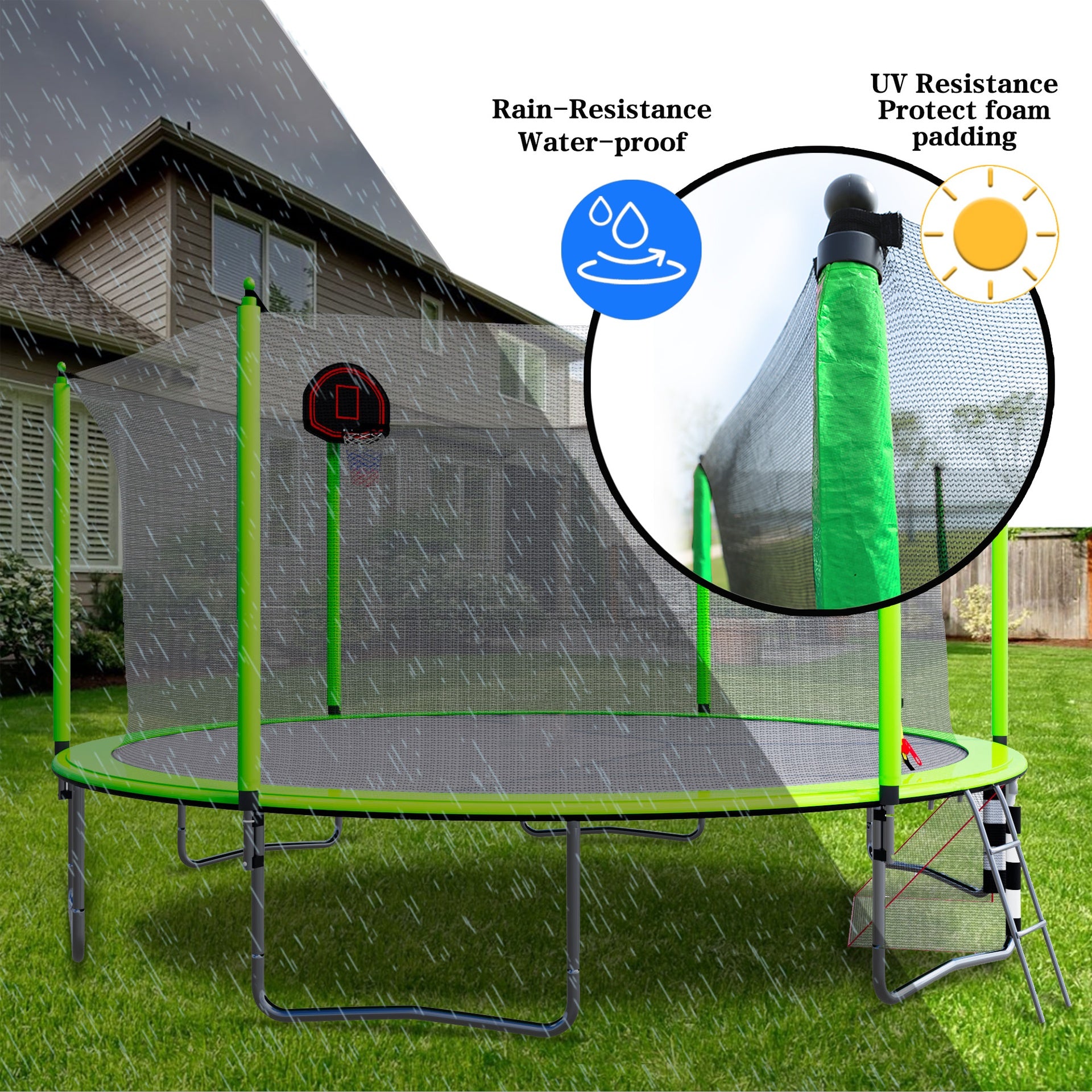 16FT Trampoline with Basketball Hoop pump and Ladder(Inner Safety Enclosure) with soccer goal Green