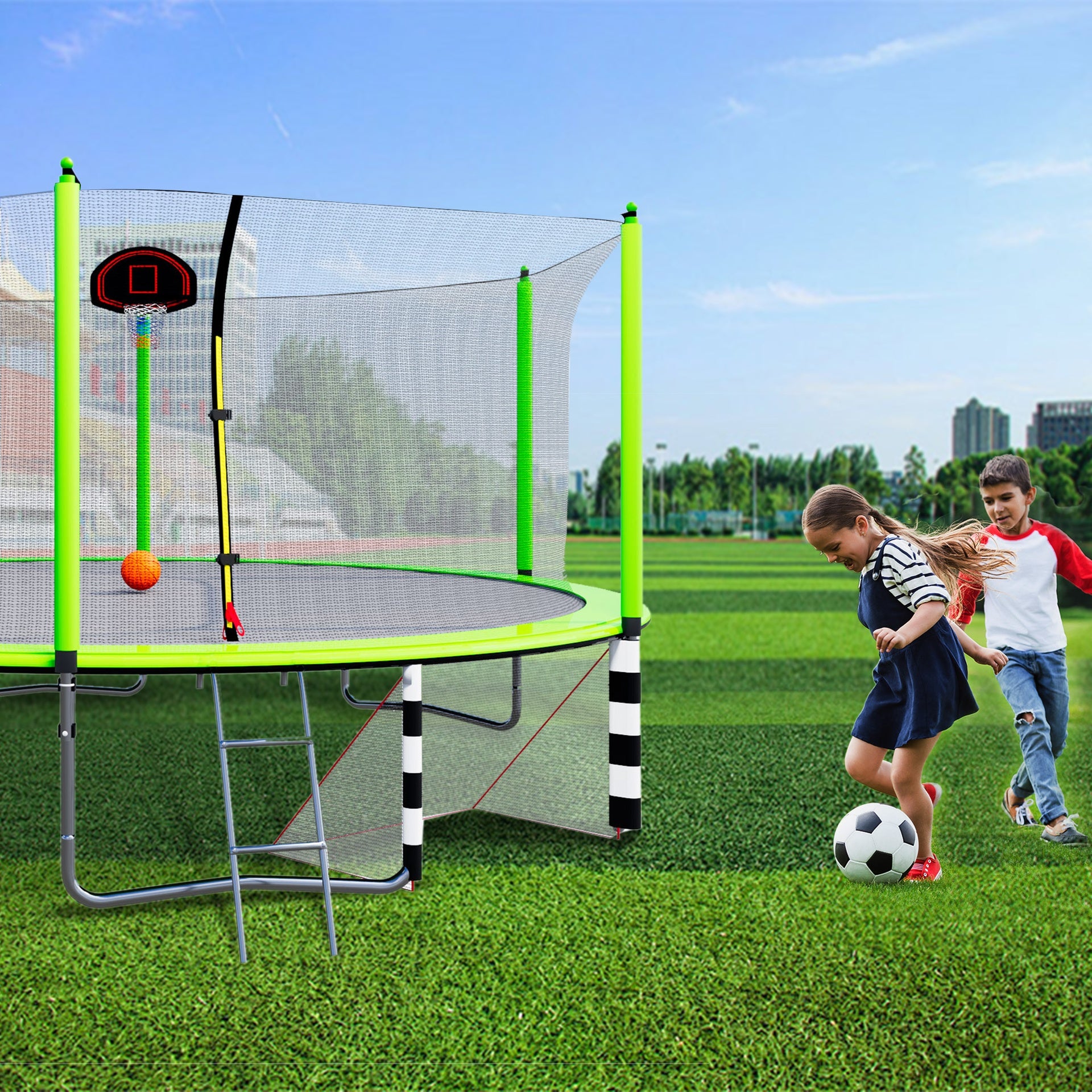 16FT Trampoline with Basketball Hoop pump and Ladder(Inner Safety Enclosure) with soccer goal Green