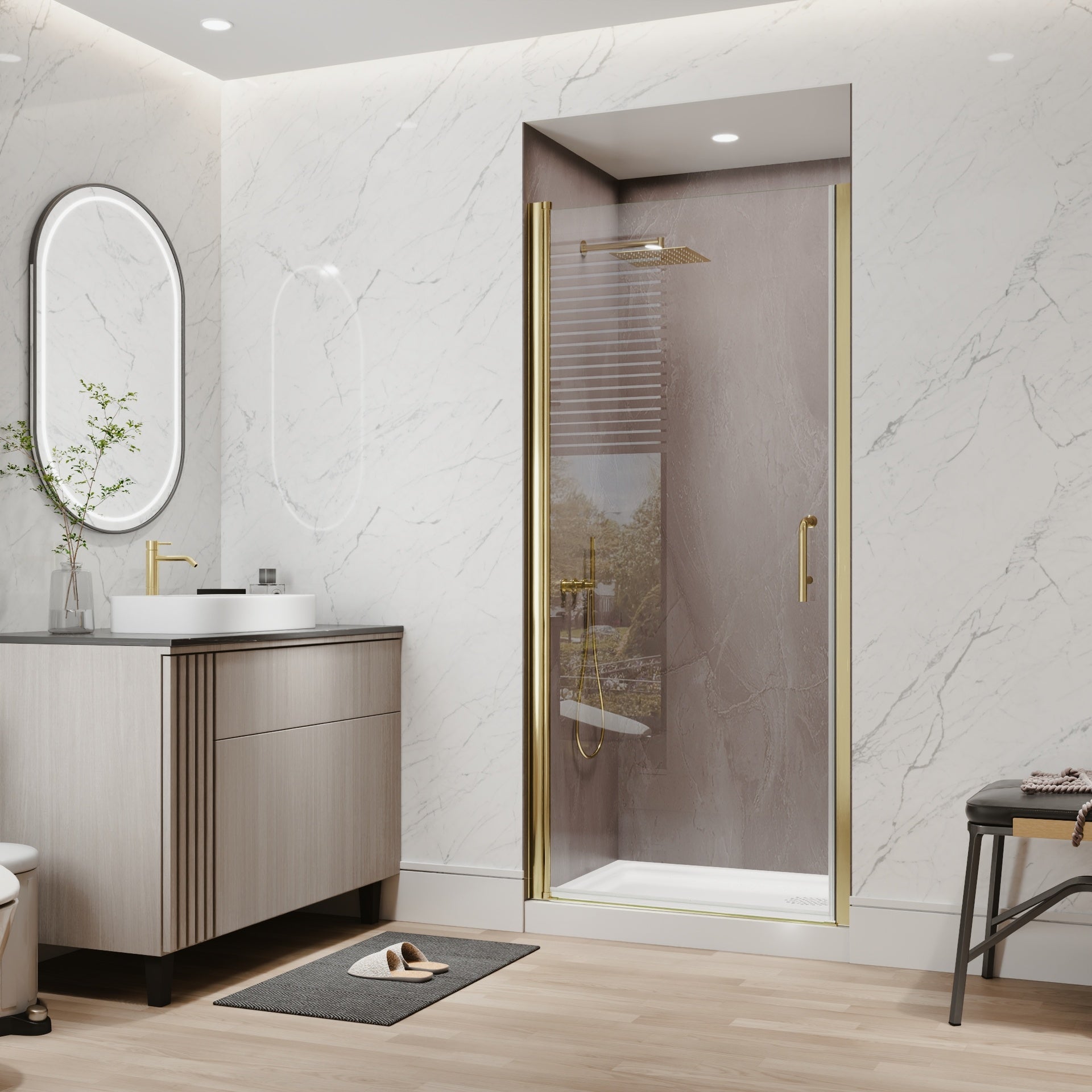 34-36 in.W x 72 in.H Pivot Frameless Shower Door,1/4 in. Clear Glass Pivot Swing Shower Doors in Brushed Gold,Pivot Shower Door Reversible Installation