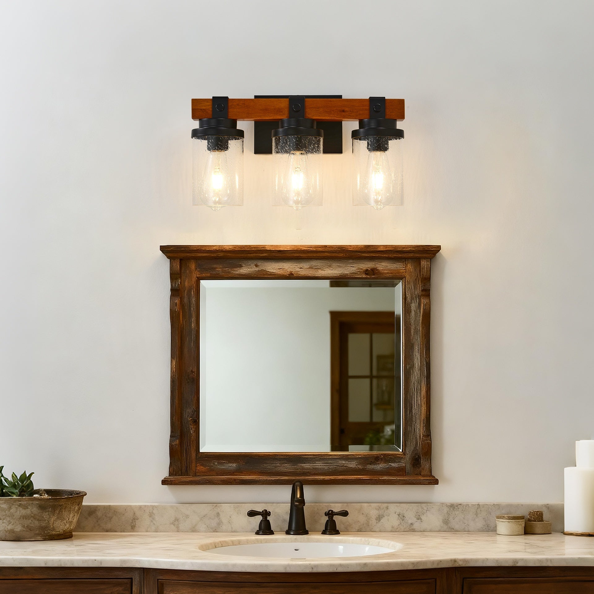 3-Light Matte Black And Wooden Wall Lamps With Glass Shades(No Bulbs) For Bathroom Or Bedroom