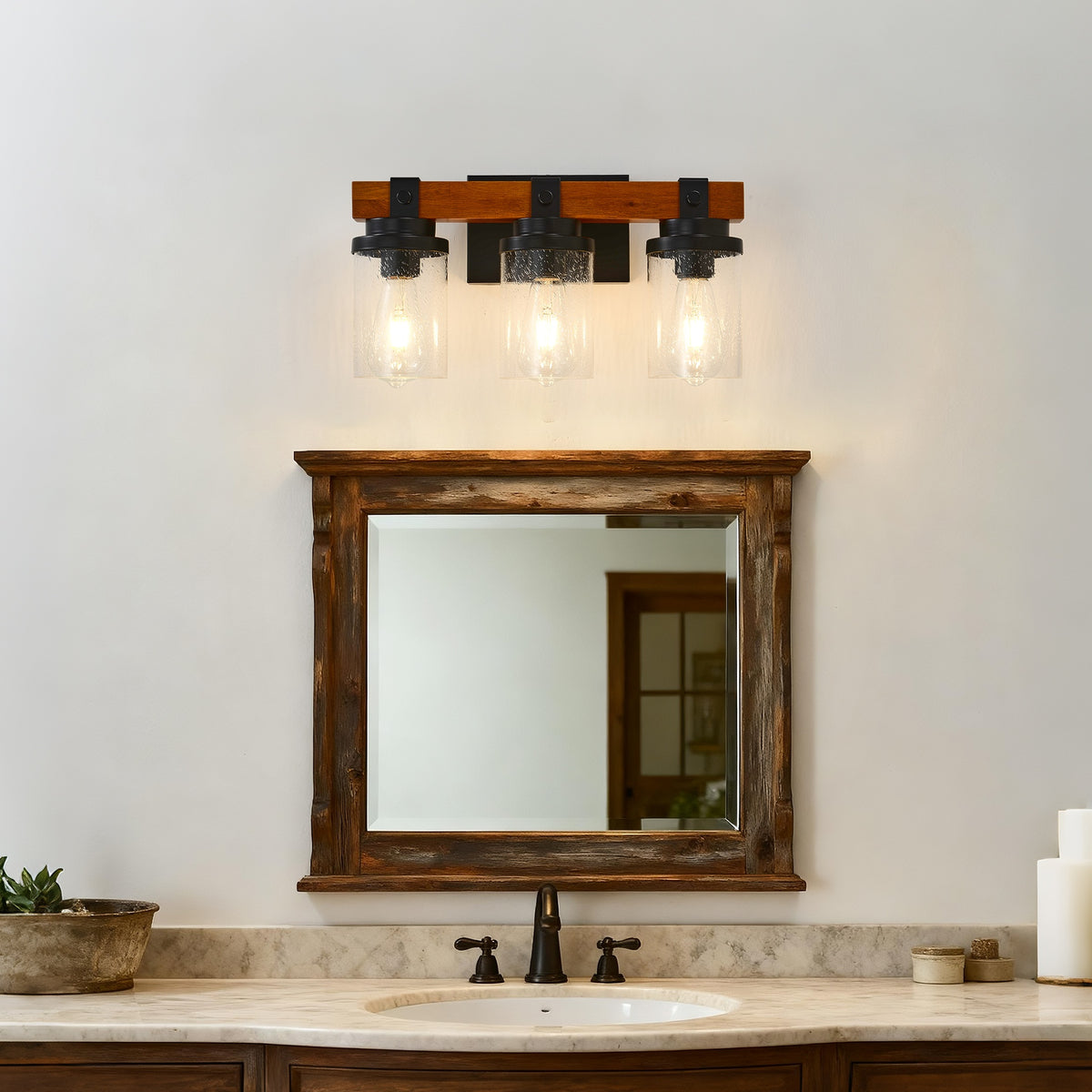 3-Light Matte Black And Wooden Wall Lamps With Glass Shades(No Bulbs) For Bathroom Or Bedroom