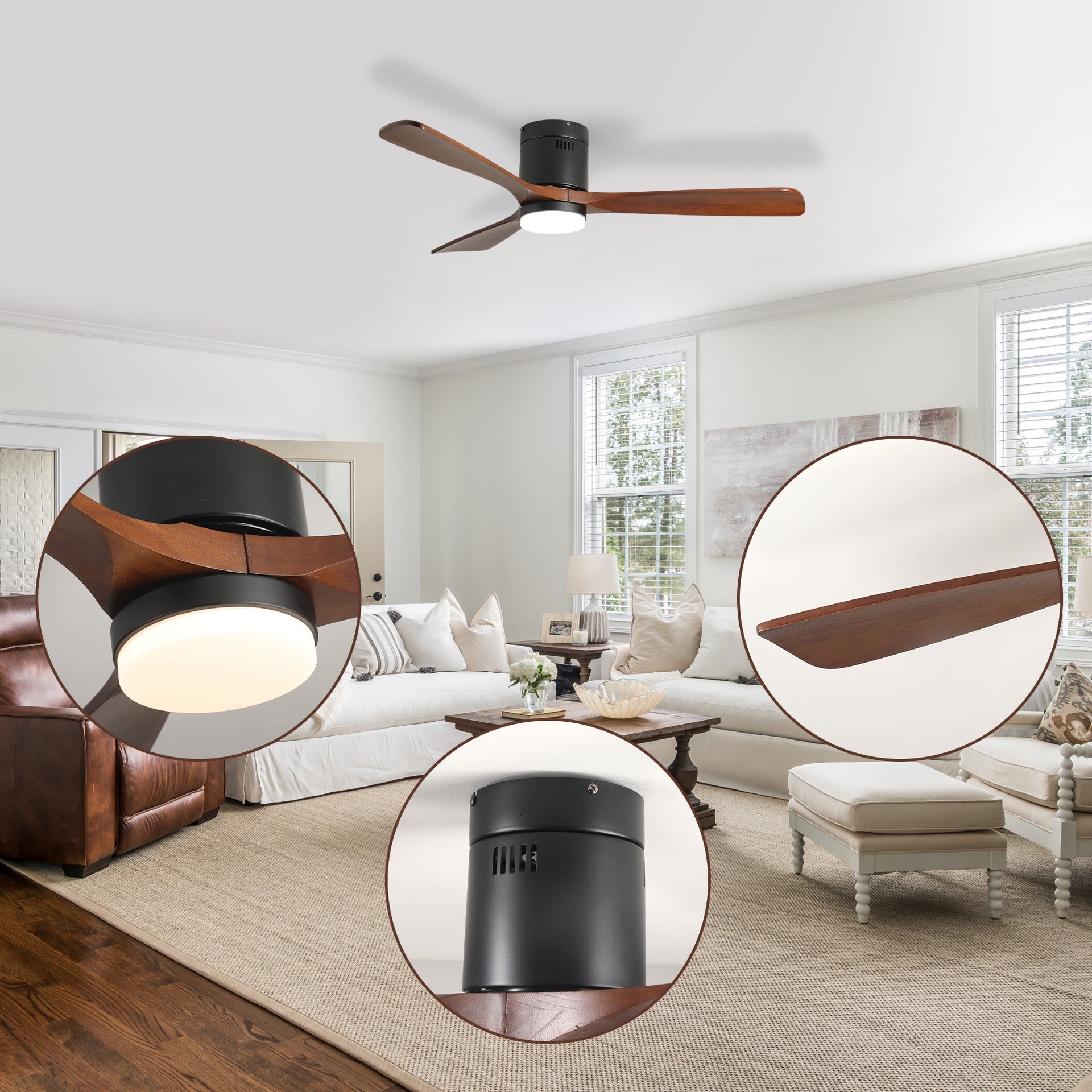 52-inch Ceiling Fan with Light, 3 Wood Blades, Remote Control, Reversible DC Motor for Living Room (Black+Dark Walnut)