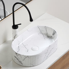Oval Vessel Sink Black White Marble 19x12 Inch Bathroom Vessel Sink Round Above Counter Sink,Porcelain Ceramic Countertop Washing Art Basin for Vanity Lavatory Bath Cabinet with faucet Darin