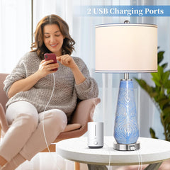 Modern Table Lamp Set of 2 Touch Control, 27" Tall Blue Art Ceramic Bedside Lamp with USB Ports, 3-Way Dimmable Hand Crafted Nightstand Lamps with White Shade for Living Room Bedroom Office