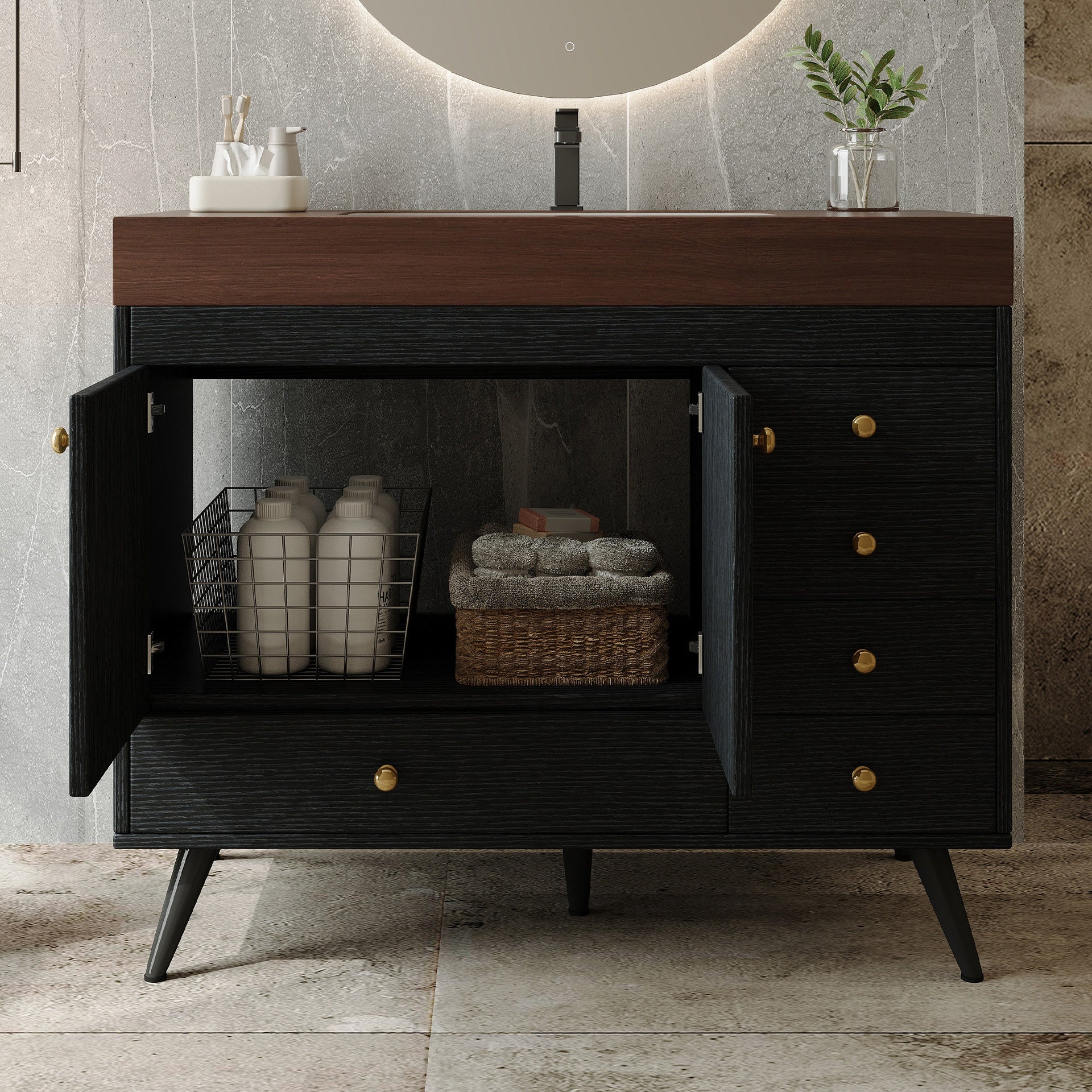 36" Freestanding Bathroom Vanity with Faux Marble Top, Ceramic Sink, 5 Drawers & Stainless Steel Legs