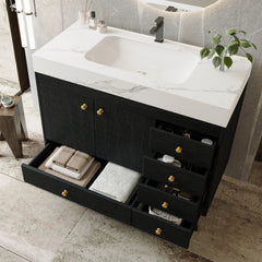36" Freestanding Bathroom Vanity with Faux Marble Top, Ceramic Sink, 5 Drawers & Stainless Steel Legs