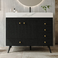 36" Freestanding Bathroom Vanity with Faux Marble Top, Ceramic Sink, 5 Drawers & Stainless Steel Legs