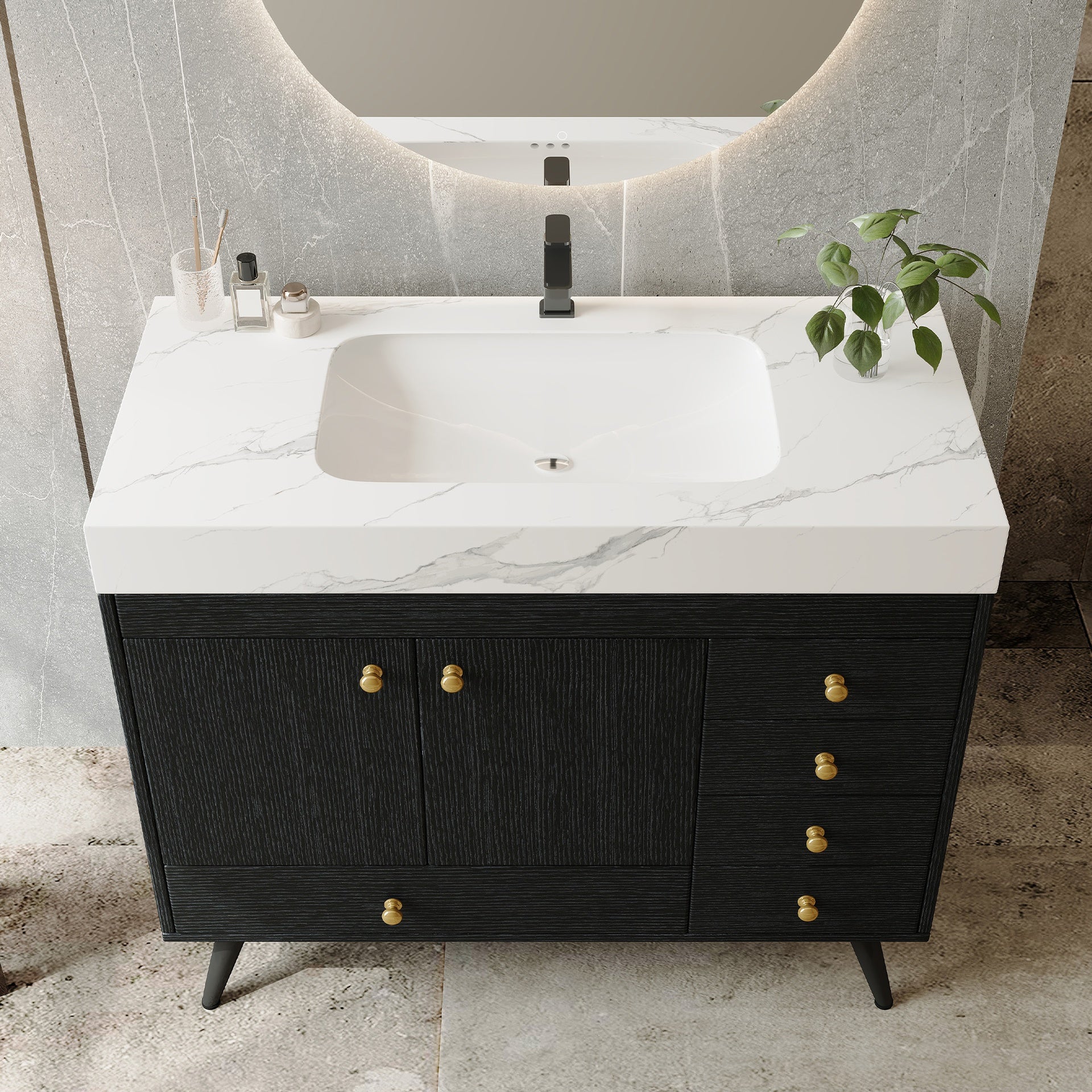 36" Freestanding Bathroom Vanity with Faux Marble Top, Ceramic Sink, 5 Drawers & Stainless Steel Legs