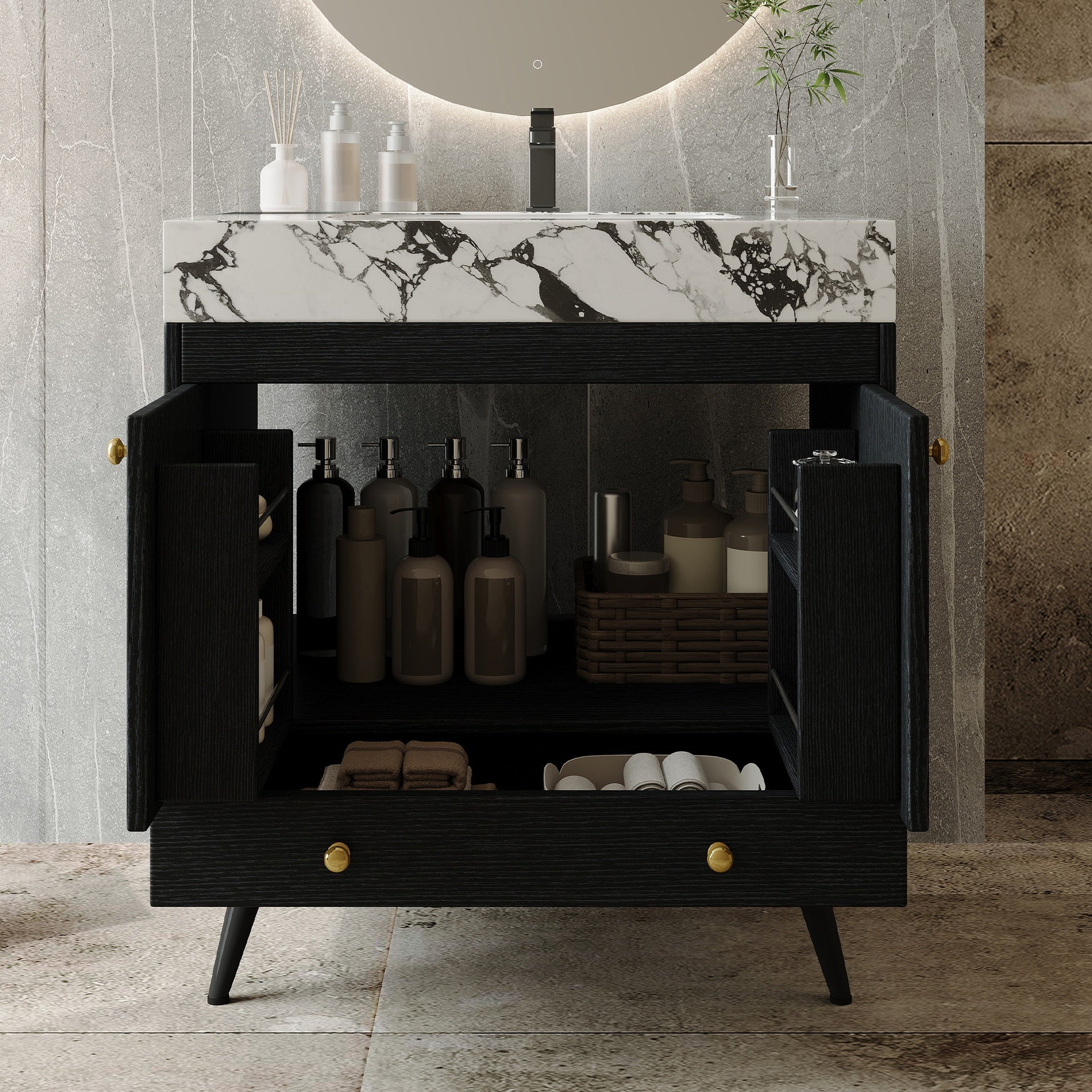 Contemporary  Free-standing Bathroom Vanity with Faux Marble Top & Ceramic Sink, 30" Double Door Storage Cabinet, Waterproof Engineered Wood