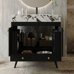 Contemporary  Free-standing Bathroom Vanity with Faux Marble Top & Ceramic Sink, 30" Double Door Storage Cabinet, Waterproof Engineered Wood