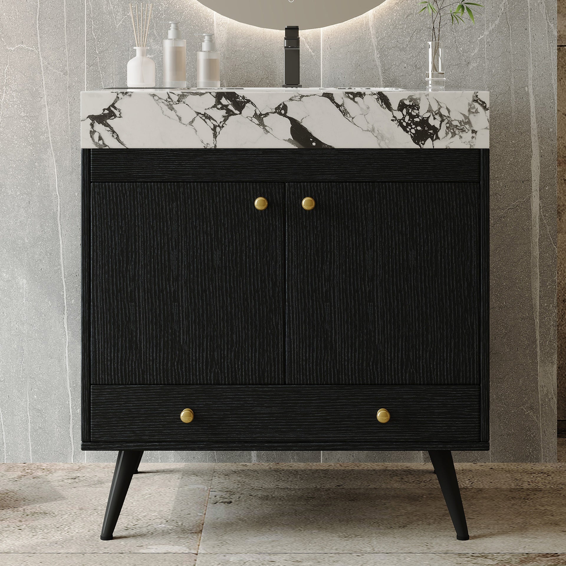 Contemporary  Free-standing Bathroom Vanity with Faux Marble Top & Ceramic Sink, 30" Double Door Storage Cabinet, Waterproof Engineered Wood