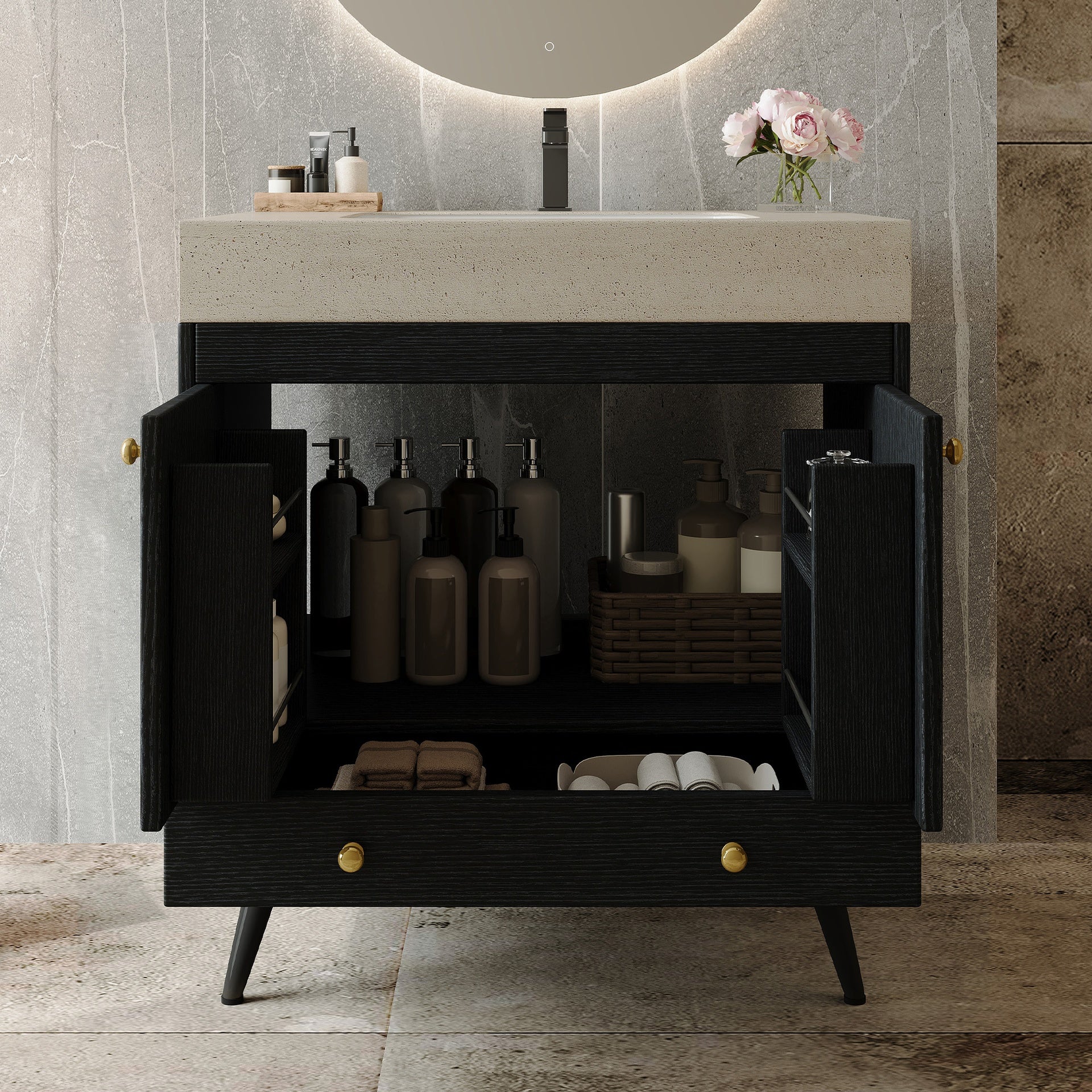 Contemporary  Free-standing Bathroom Vanity with Faux Marble Top & Ceramic Sink, 30" Double Door Storage Cabinet, Waterproof Engineered Wood