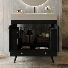 Contemporary  Free-standing Bathroom Vanity with Faux Marble Top & Ceramic Sink, 30" Double Door Storage Cabinet, Waterproof Engineered Wood
