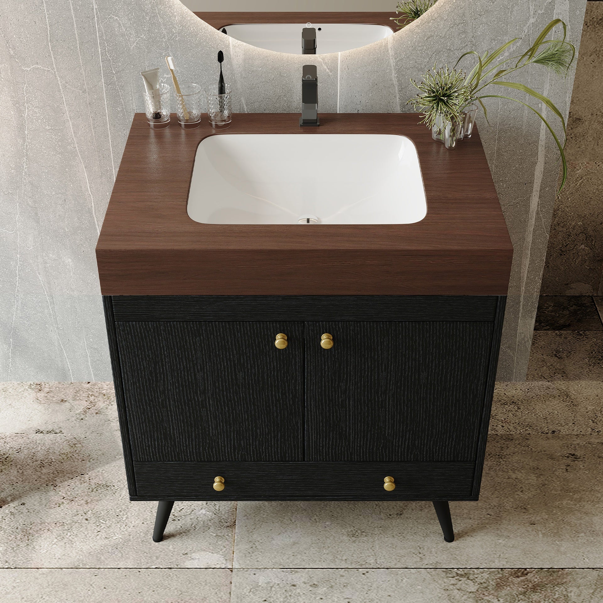 Contemporary  Free-standing Bathroom Vanity with Faux Marble Top & Ceramic Sink, 30" Double Door Storage Cabinet, Waterproof Engineered Wood