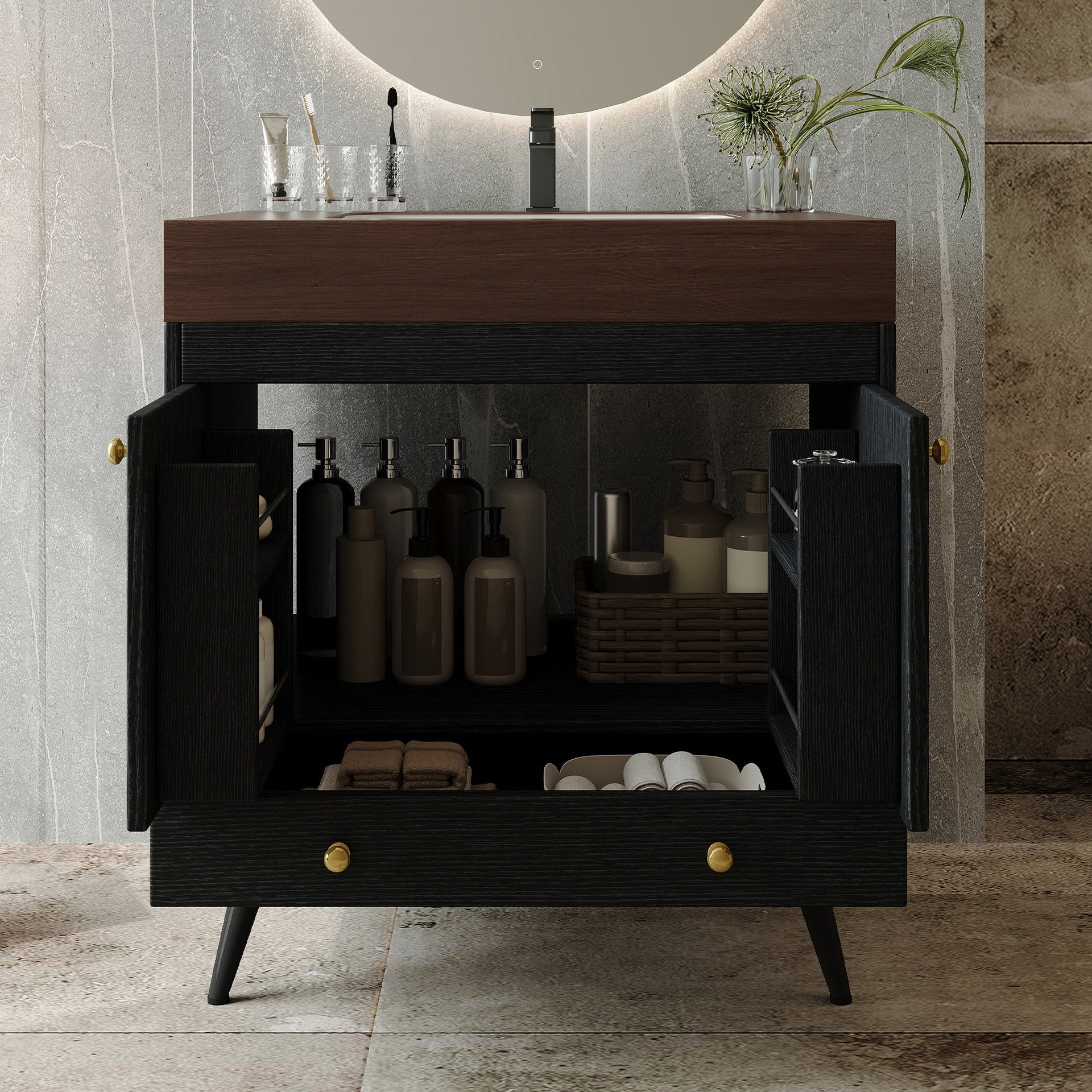Contemporary  Free-standing Bathroom Vanity with Faux Marble Top & Ceramic Sink, 30" Double Door Storage Cabinet, Waterproof Engineered Wood