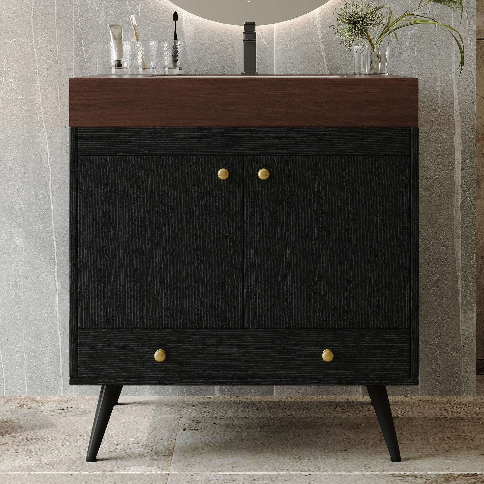 Contemporary  Free-standing Bathroom Vanity with Faux Marble Top & Ceramic Sink, 30" Double Door Storage Cabinet, Waterproof Engineered Wood
