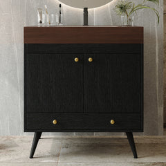 Contemporary  Free-standing Bathroom Vanity with Faux Marble Top & Ceramic Sink, 30" Double Door Storage Cabinet, Waterproof Engineered Wood