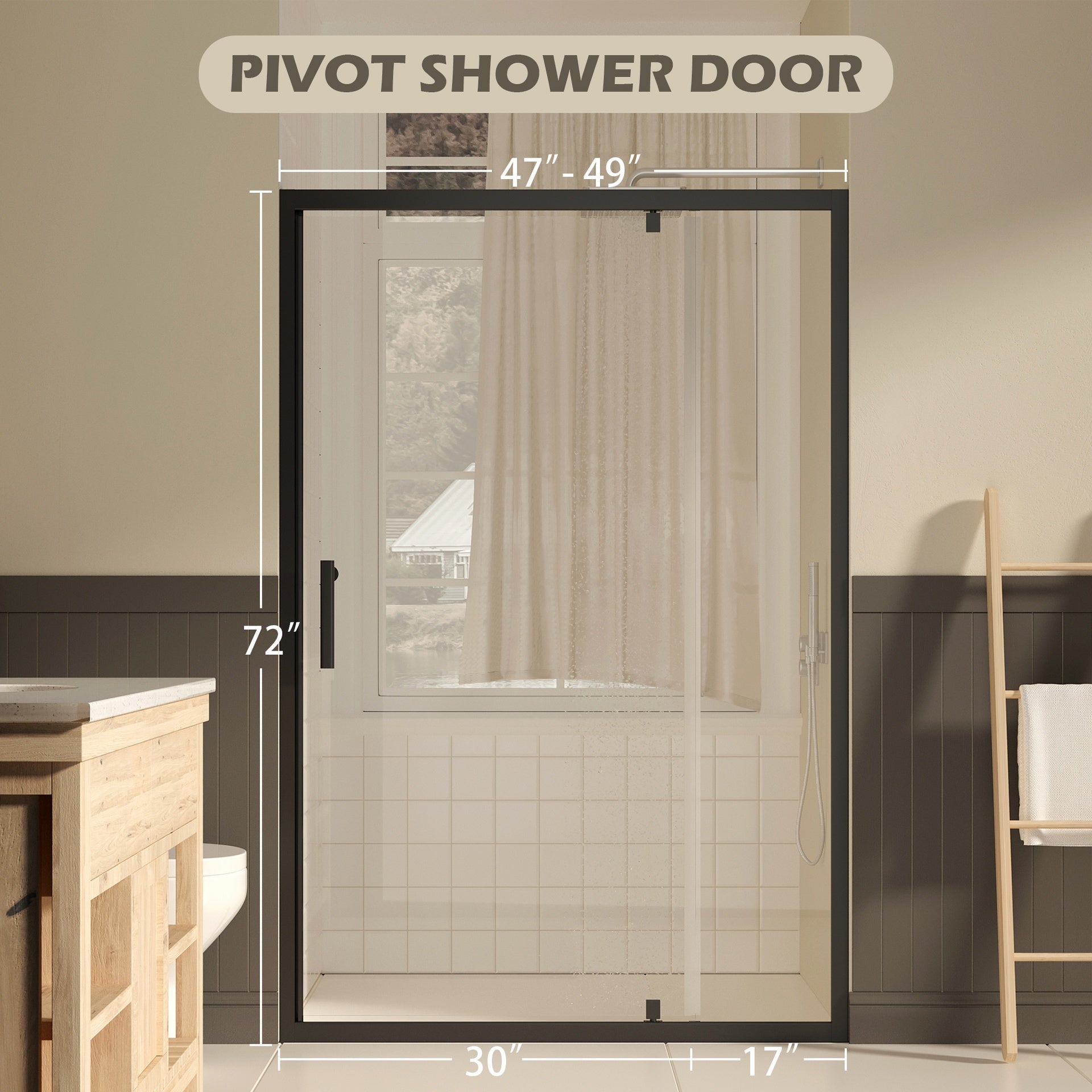 47-49" W ×72" H Pivot Shower Door, 1/4"(6mm) SGCC Clear Tempered Glass Shower Door with Explosion Film, Nano Easy-Clean Coating, Reversible Installation, Matte Black