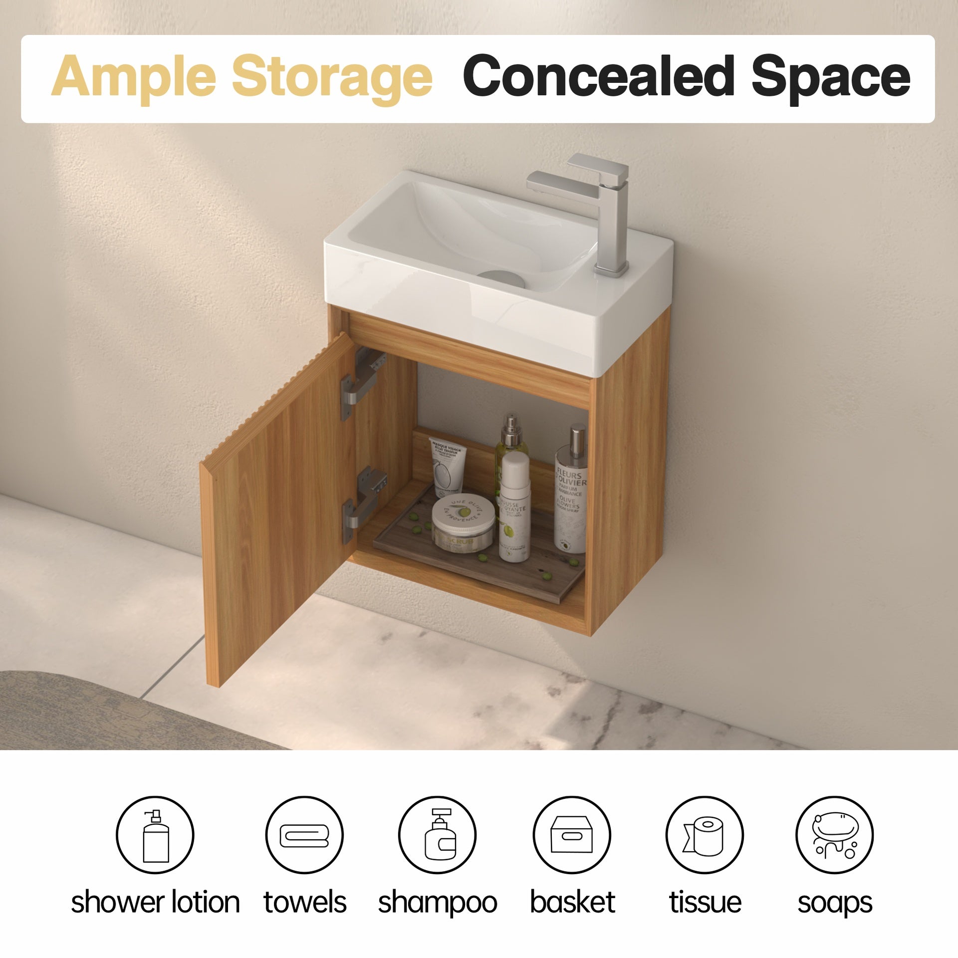 16" Small Bathroom Vanity Wall Mounted,Small Acacia Solid Wood Bathroom Vanity with White SMC Resin Basin, Modern Bathroom Vanity with Soft-Close Door