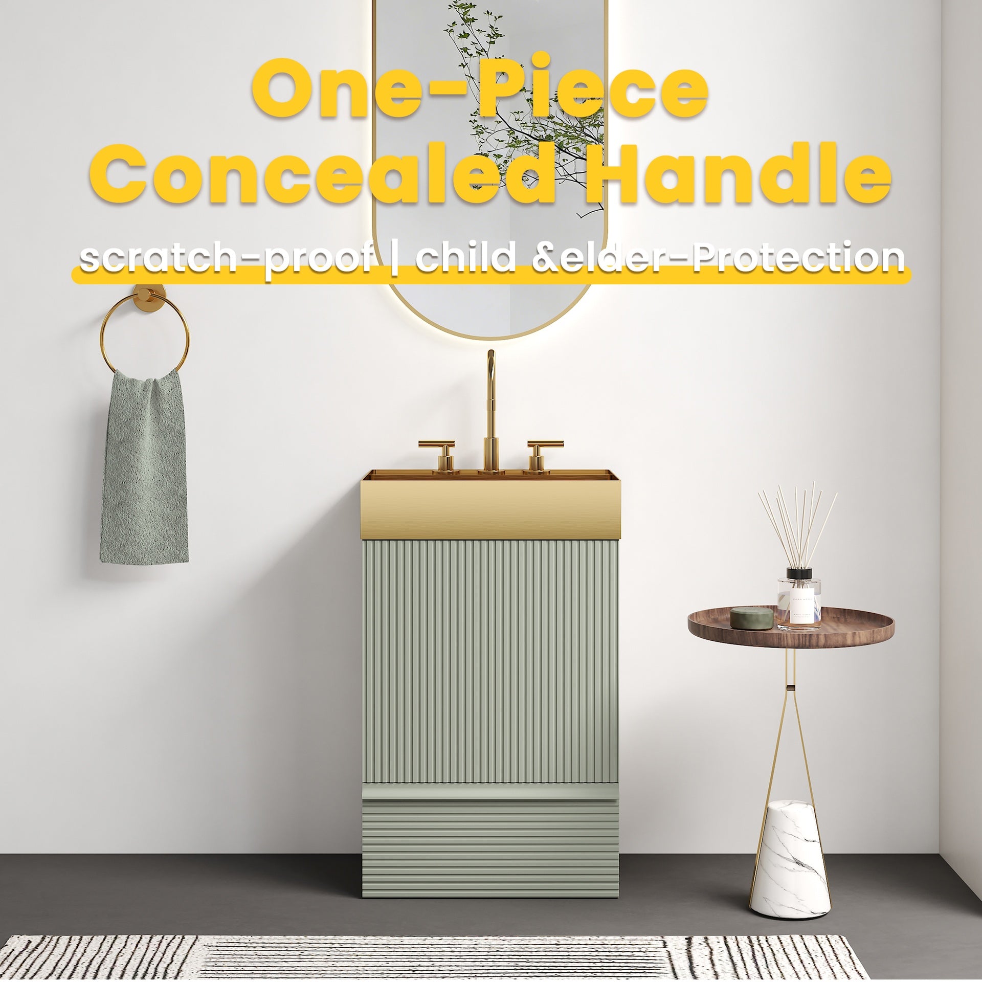 Gada 20" Striped Light Green Bathroom Vanity with Integrated Brushed Gold Metal Vessel Bathroom Sink, Freestanding Bathroom Cabinet for Modern Bathroom, One-Piece Gold Metal Basin without Faucet, KD