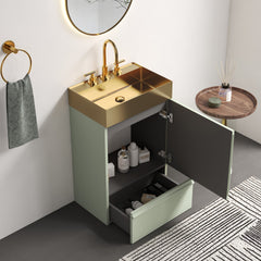 Gada 20" Striped Light Green Bathroom Vanity with Integrated Brushed Gold Metal Vessel Bathroom Sink, Freestanding Bathroom Cabinet for Modern Bathroom, One-Piece Gold Metal Basin without Faucet, KD