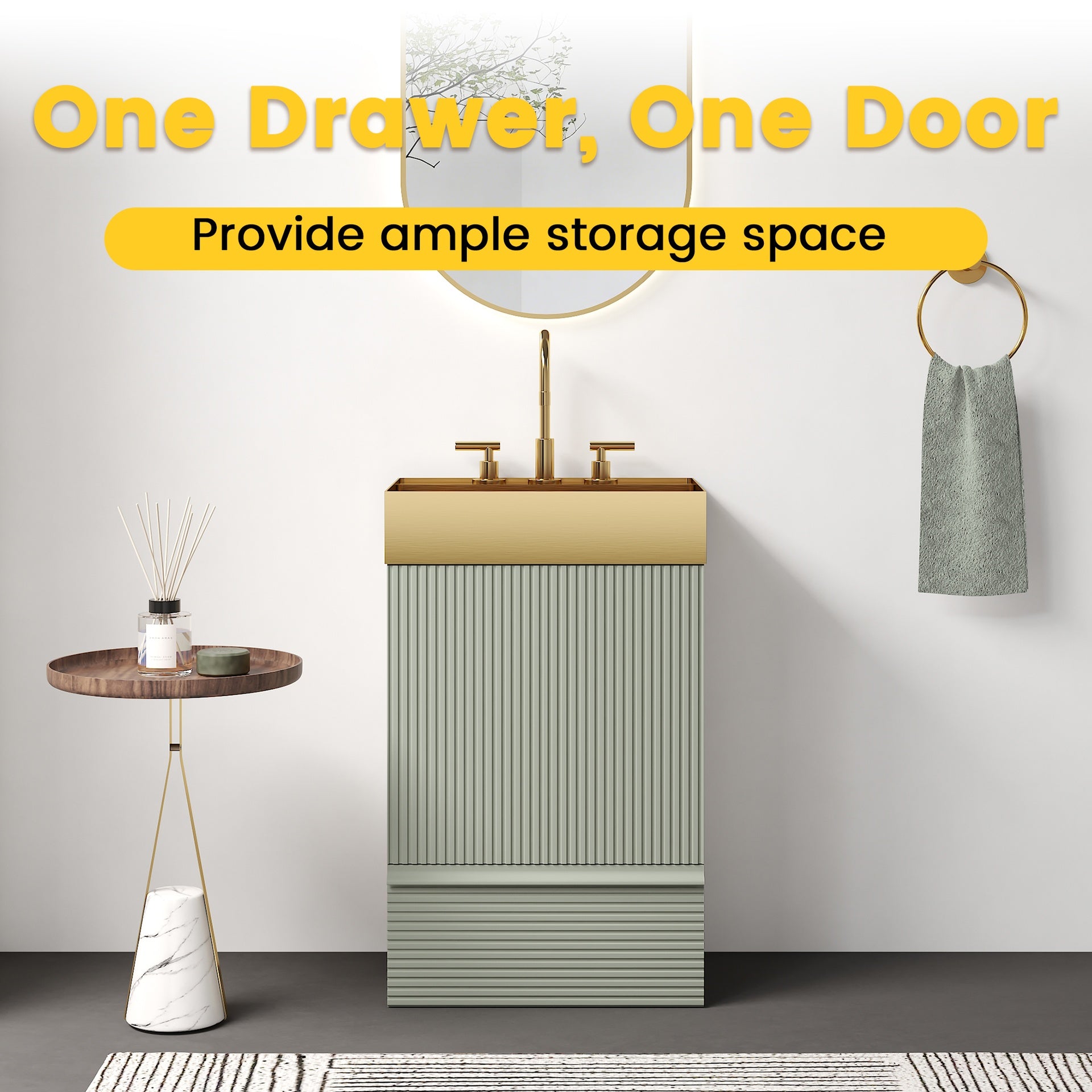 Gada 20" Striped Light Green Bathroom Vanity with Integrated Brushed Gold Metal Vessel Bathroom Sink, Freestanding Bathroom Cabinet for Modern Bathroom, One-Piece Gold Metal Basin without Faucet, KD