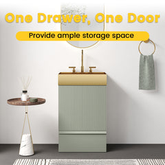 Gada 20" Striped Light Green Bathroom Vanity with Integrated Brushed Gold Metal Vessel Bathroom Sink, Freestanding Bathroom Cabinet for Modern Bathroom, One-Piece Gold Metal Basin without Faucet, KD