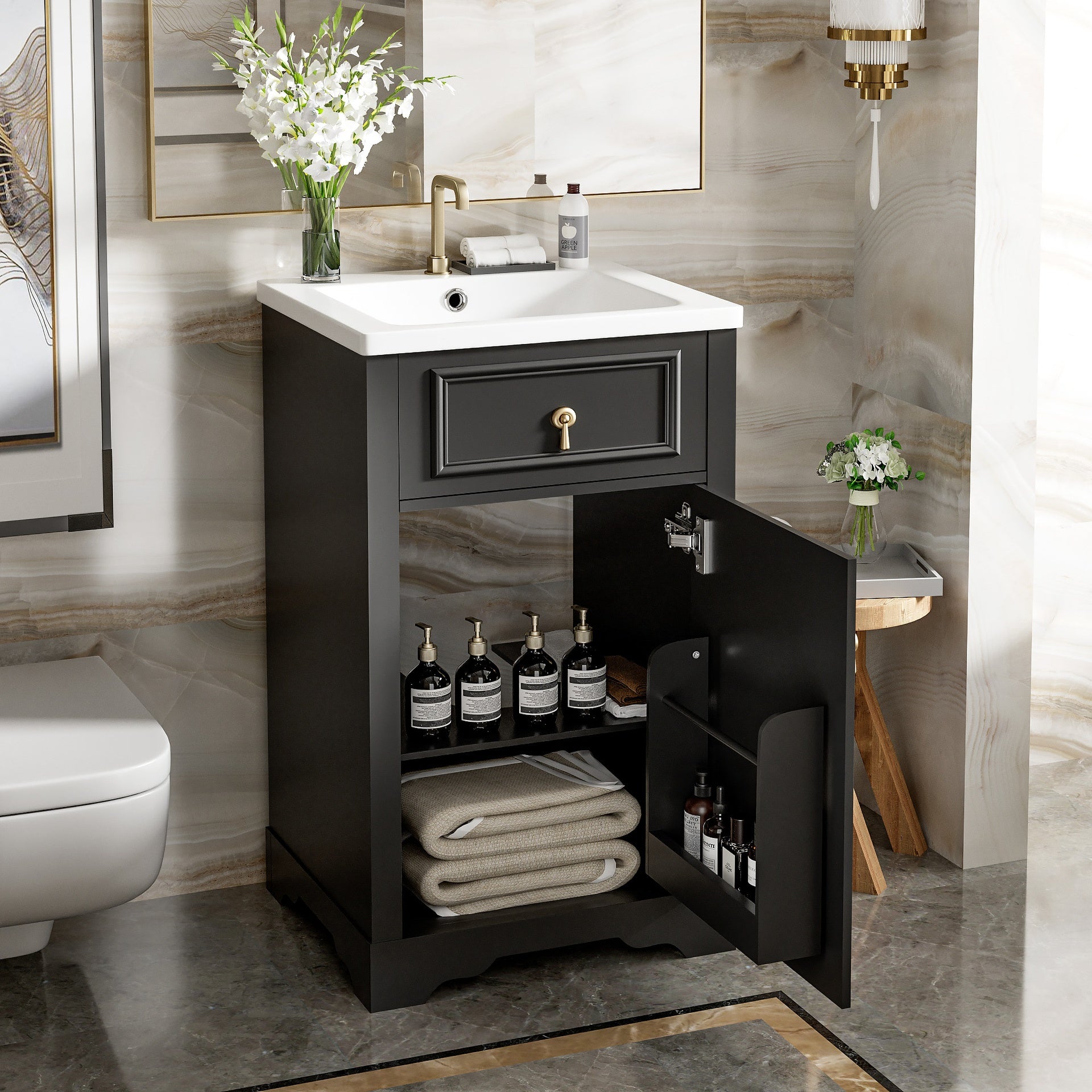20-Inch Bathroom Vanity with Ceramic Sink, Soft Close Door, Adjustable Shelf, and Door-Mounted Storage Rack - Ideal for Small Bathrooms