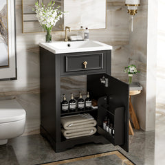 20-Inch Bathroom Vanity with Ceramic Sink, Soft Close Door, Adjustable Shelf, and Door-Mounted Storage Rack - Ideal for Small Bathrooms