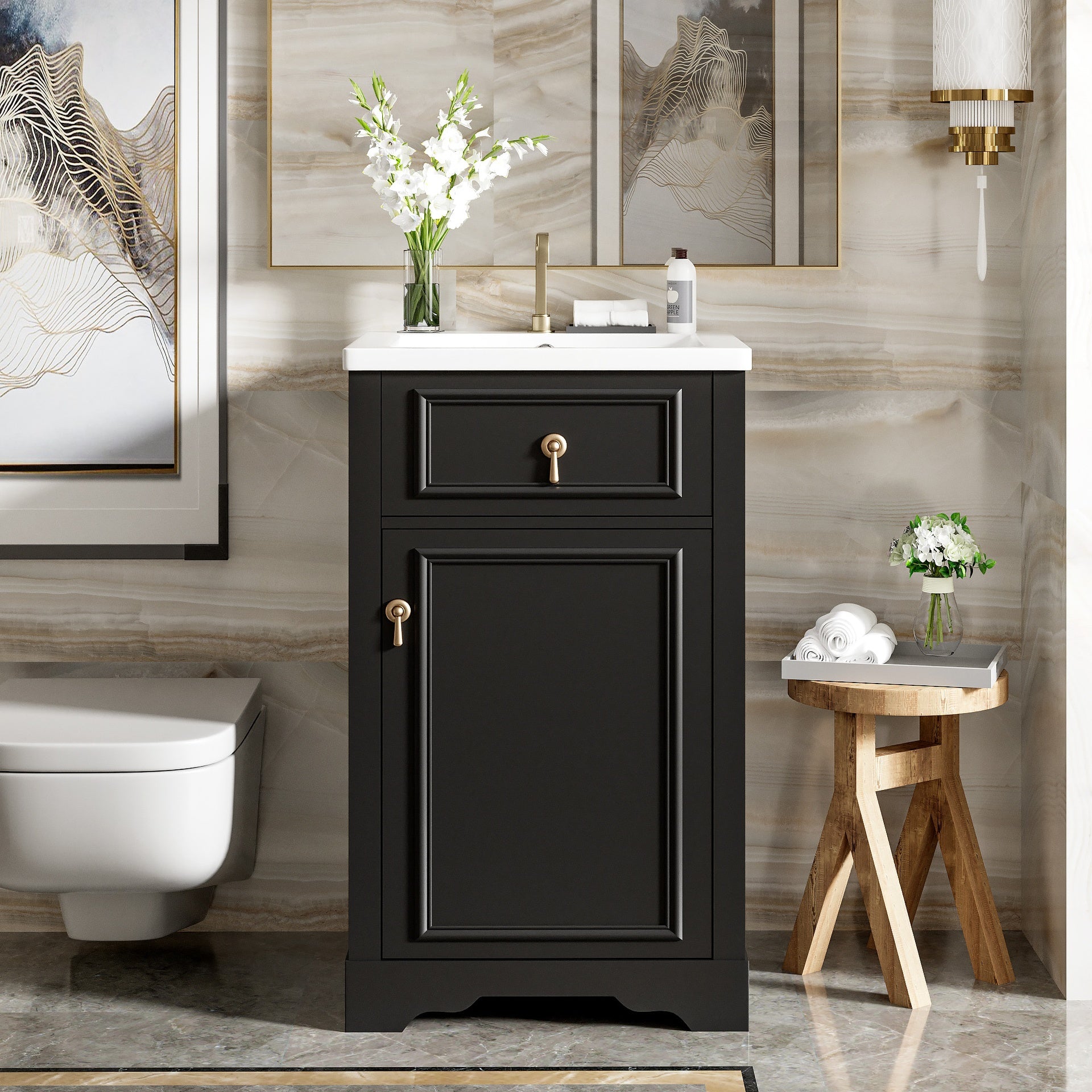 20-Inch Bathroom Vanity with Ceramic Sink, Soft Close Door, Adjustable Shelf, and Door-Mounted Storage Rack - Ideal for Small Bathrooms
