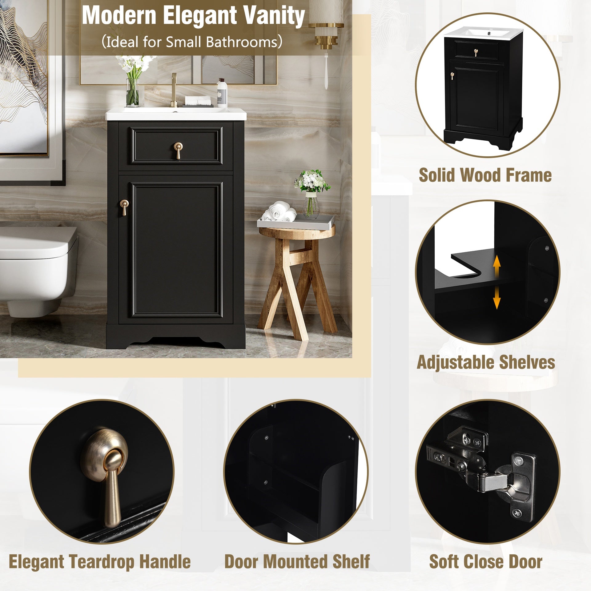 20-Inch Bathroom Vanity with Ceramic Sink, Soft Close Door, Adjustable Shelf, and Door-Mounted Storage Rack - Ideal for Small Bathrooms
