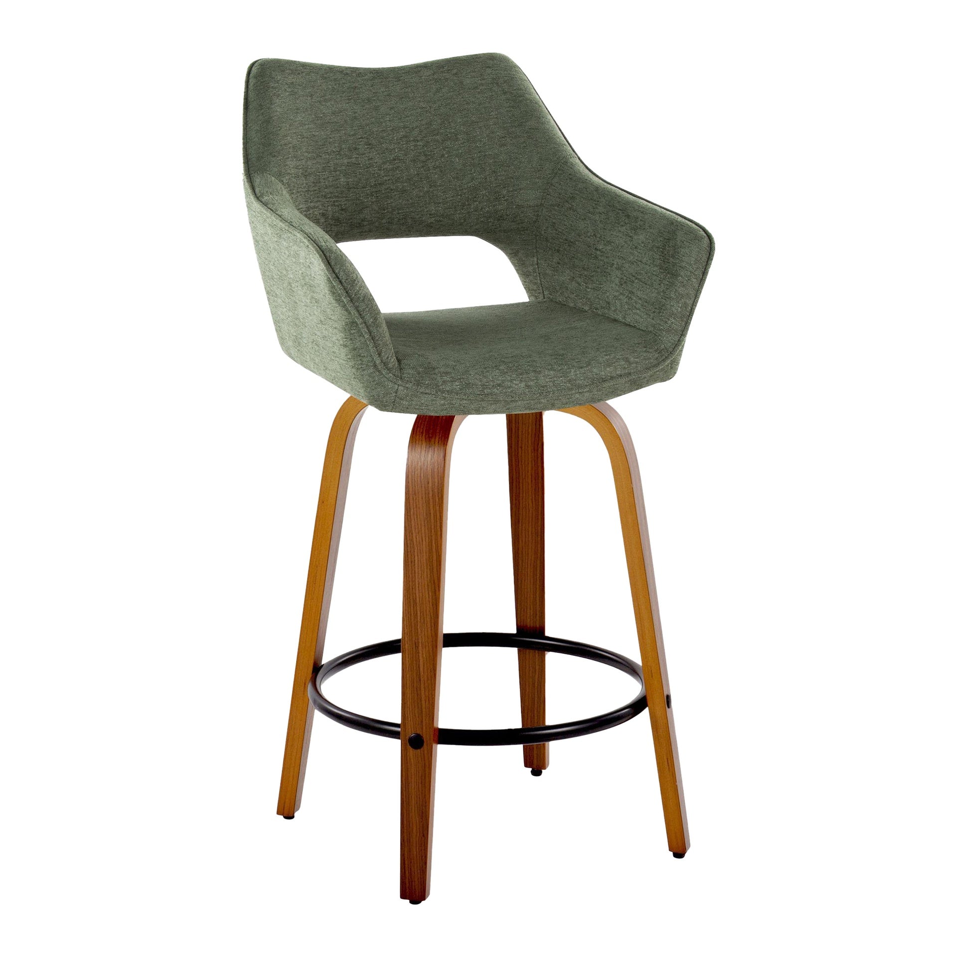 Mustang 26" Contemporary Fixed-Height Counter Stool with Swivel in Walnut Wood and Green Fabric with Round Black Metal Footrest by LumiSource - Set of 2